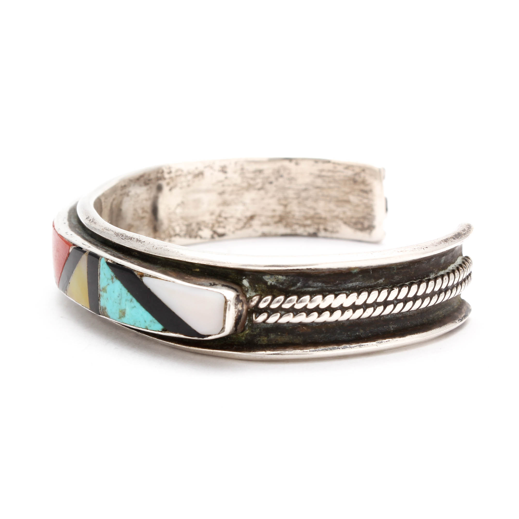 J. Cadman Navajo Diné Sterling Silver, Turquoise, Coral, and Onyx Cuff Bracelet