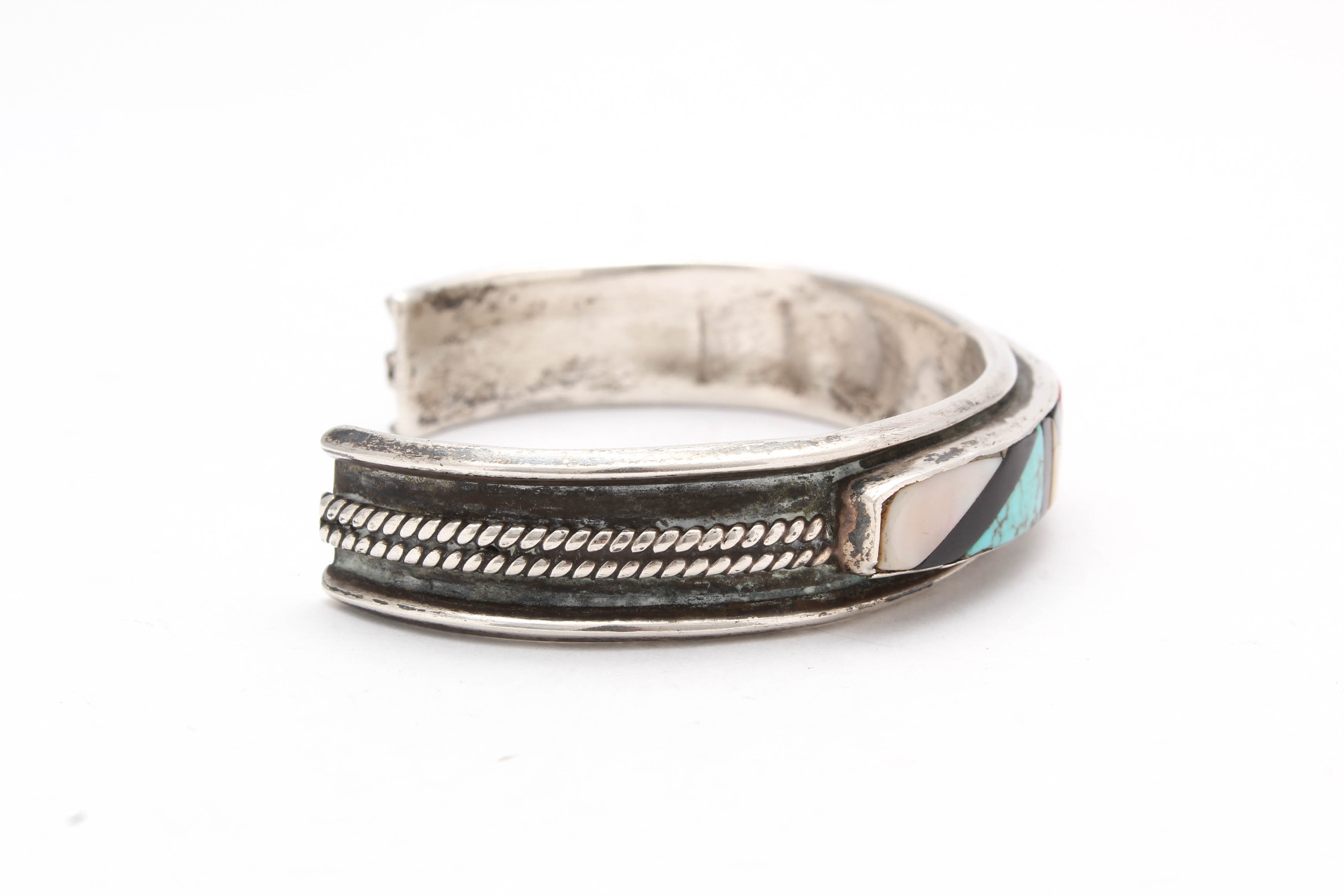 J. Cadman Navajo Diné Sterling Silver, Turquoise, Coral, and Onyx Cuff Bracelet