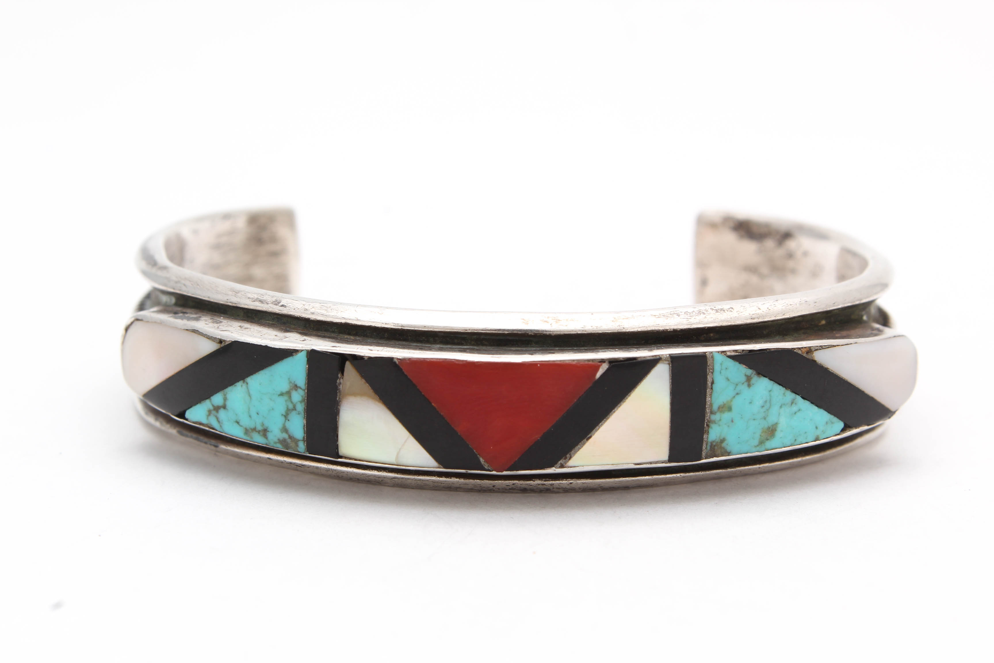 J. Cadman Navajo Diné Sterling Silver, Turquoise, Coral, and Onyx Cuff Bracelet
