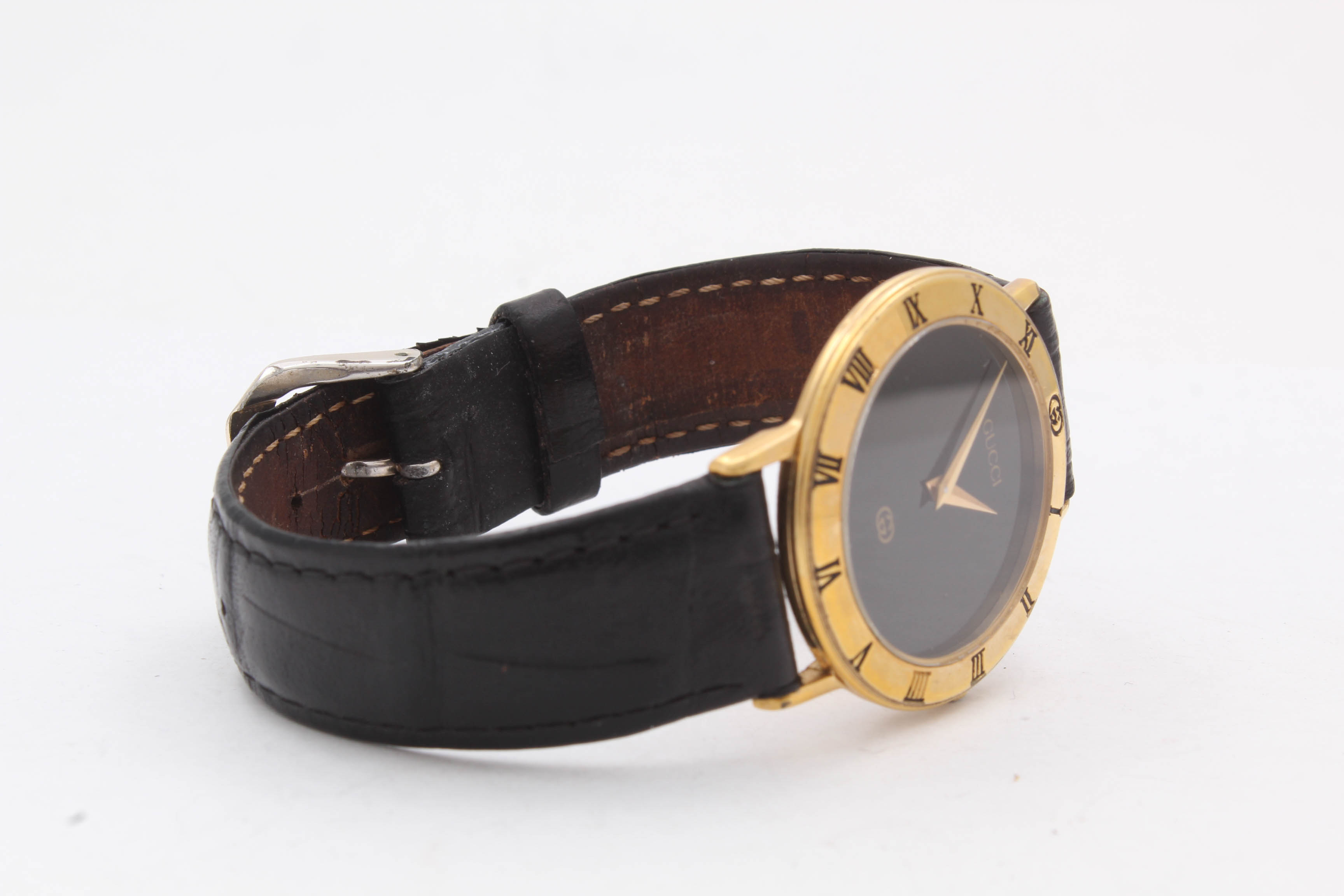 Gucci Model 3000M Gold Tone Watch with Leather Band