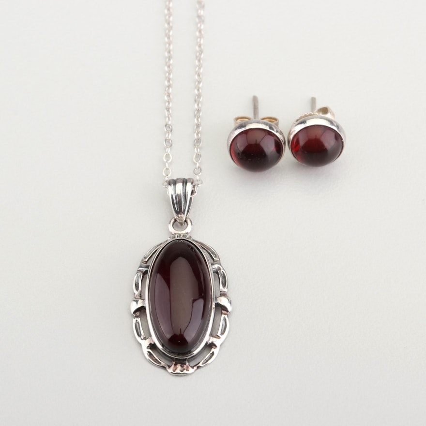 Sterling Silver Almandite Garnet Necklace and Earrings