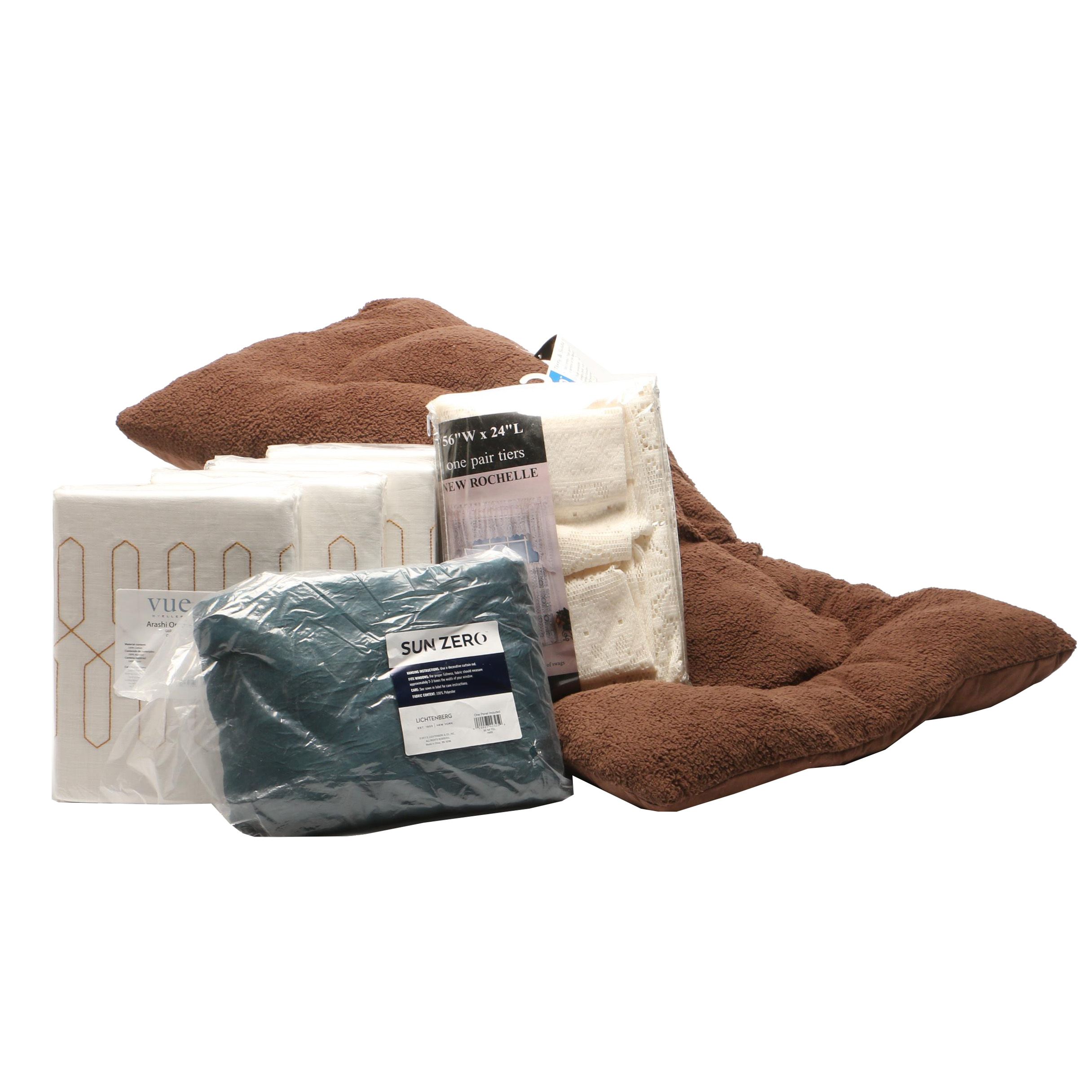 Vue by Ellery "Arashi Ombre Gold" Curtain Panels with Other Curtains and Pet Bed