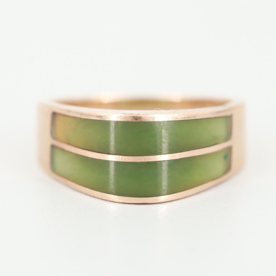 Modernist 10K Yellow Gold Nephrite Inlay Ring