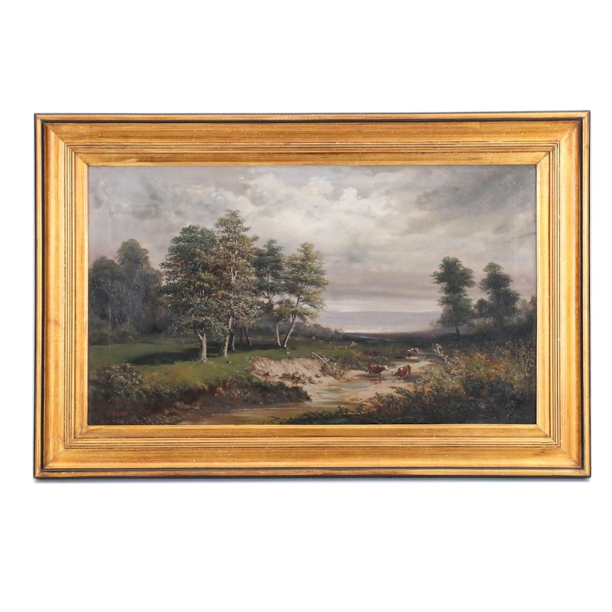 Henry Boese Oil Painting of Pastoral Landscape with Cows Wading