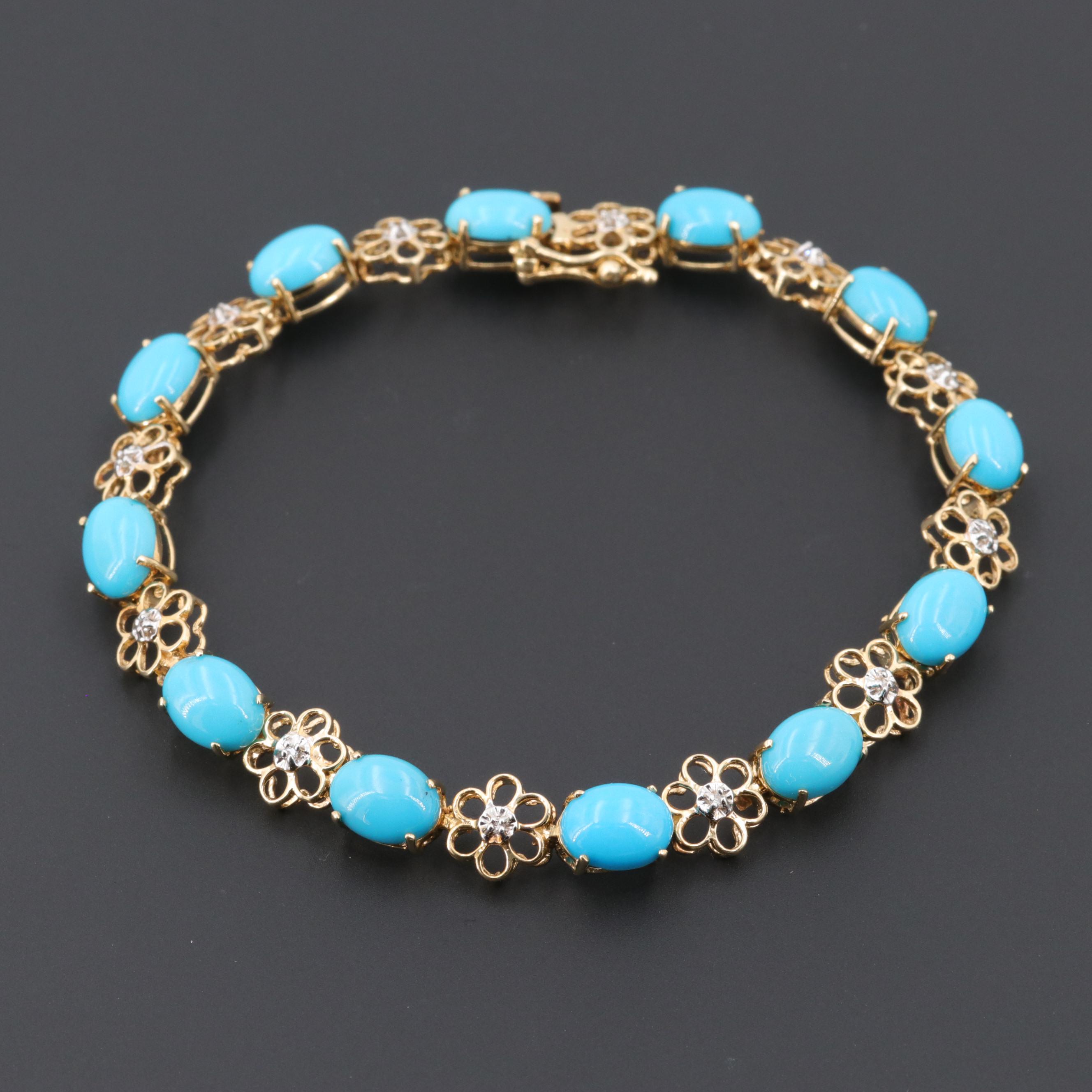 14K Yellow Gold Turquoise and Diamond Bracelet