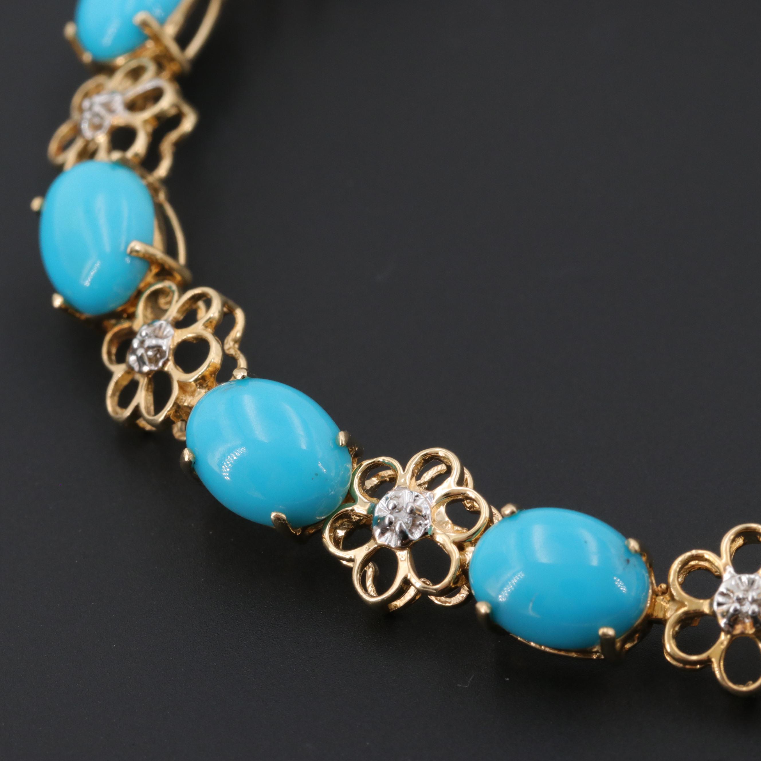 14K Yellow Gold Turquoise and Diamond Bracelet