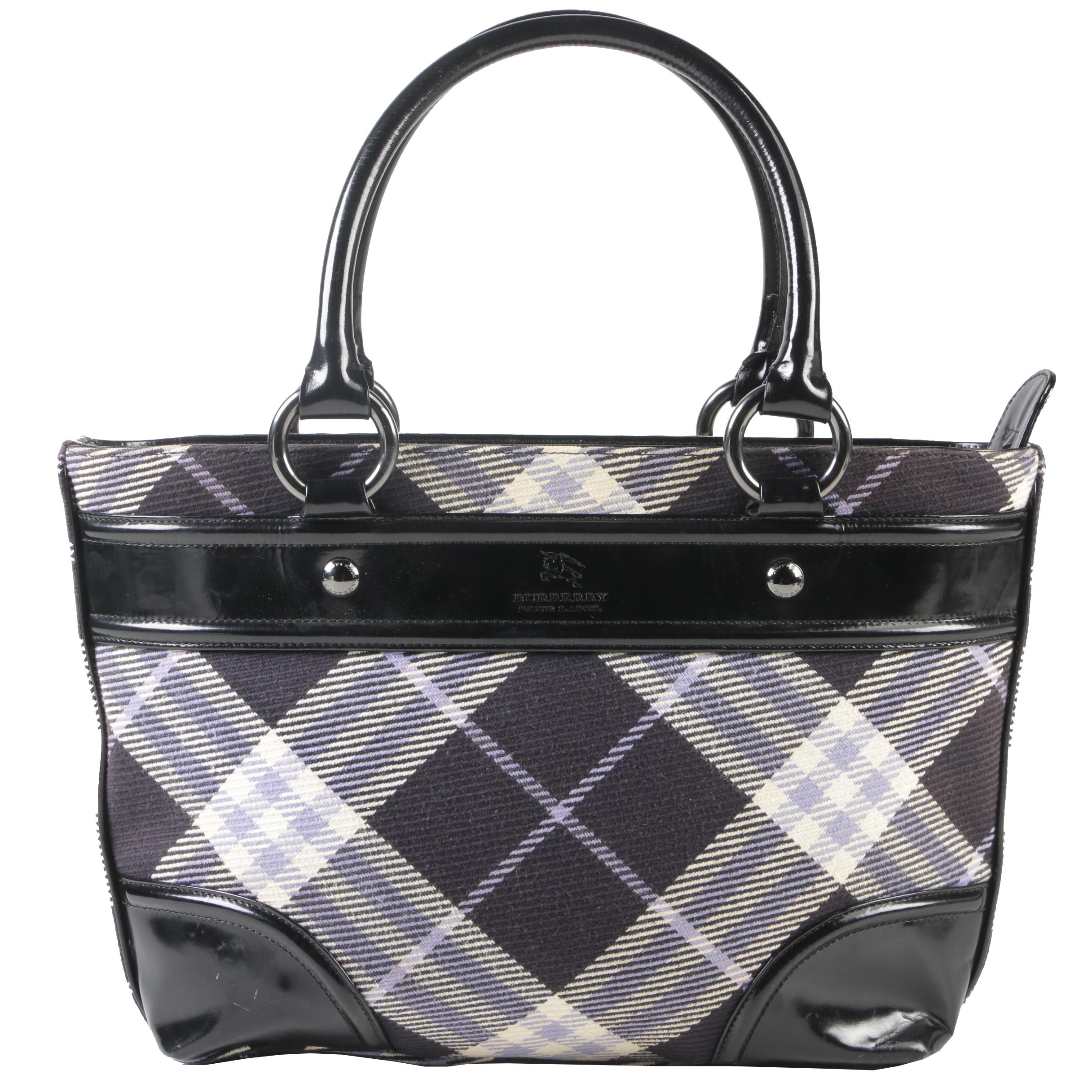 Burberry London Blue Label Plaid and Black Patent Leather Shoulder Bag