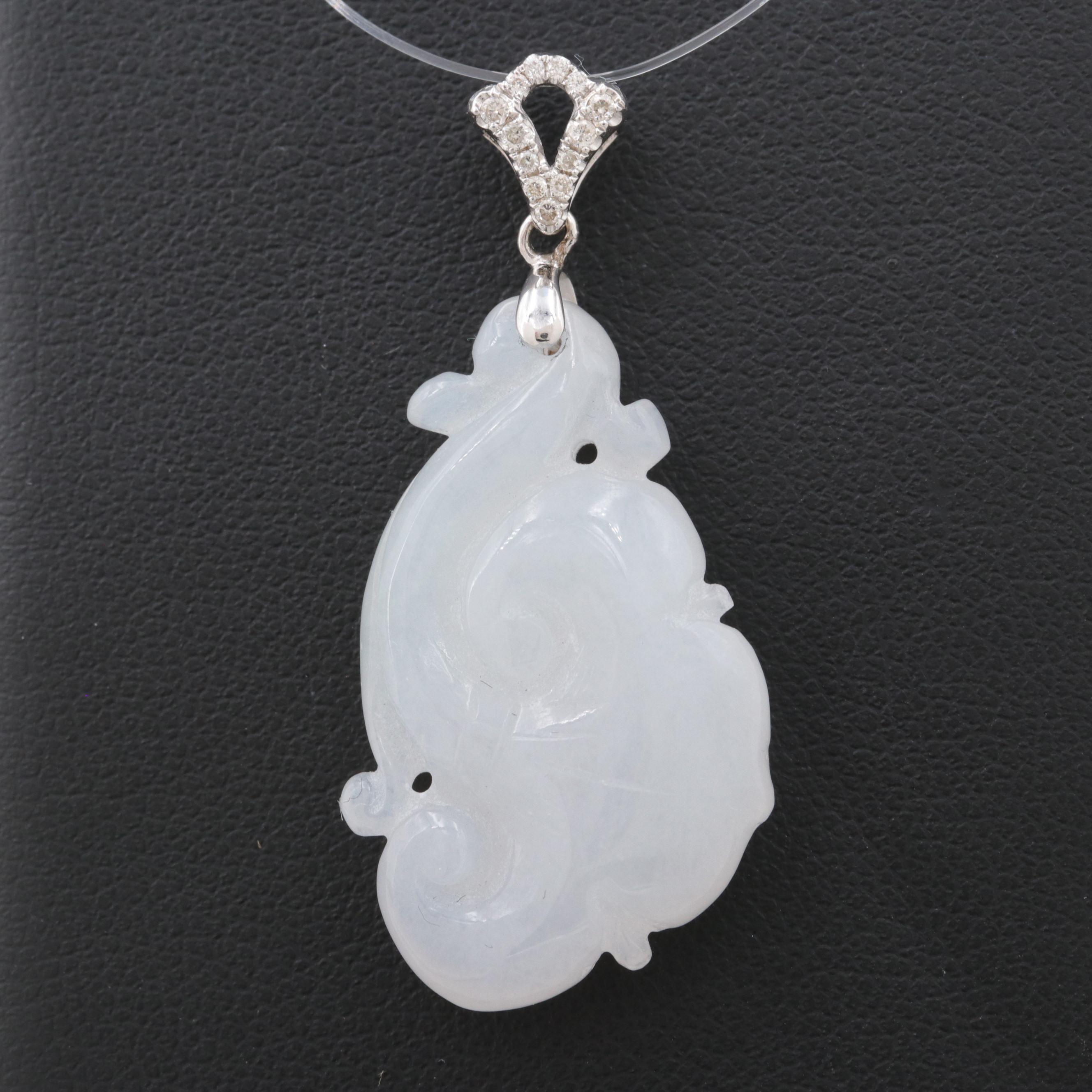 18K White Gold Carved Jadeite and Diamond Pendant