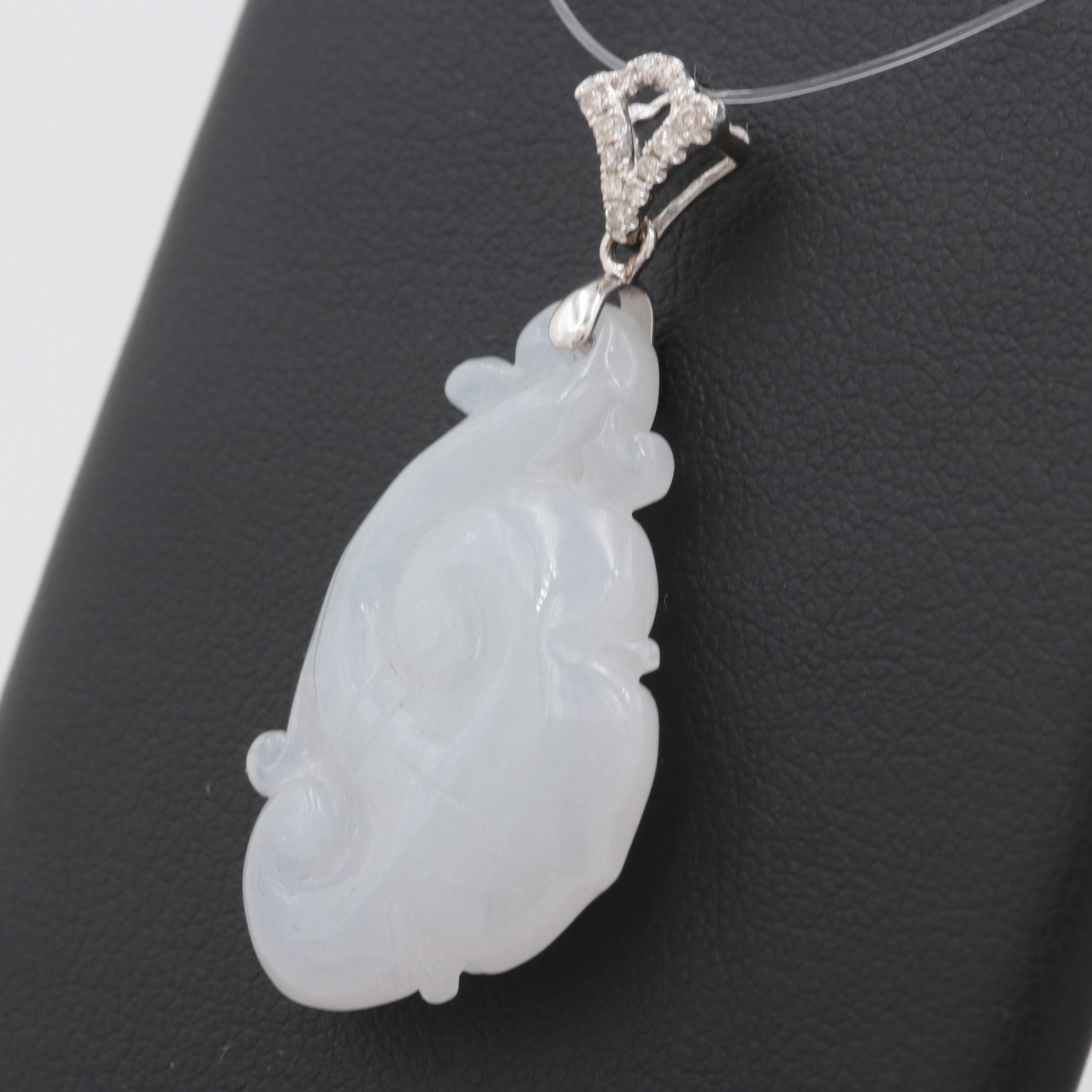 18K White Gold Carved Jadeite and Diamond Pendant