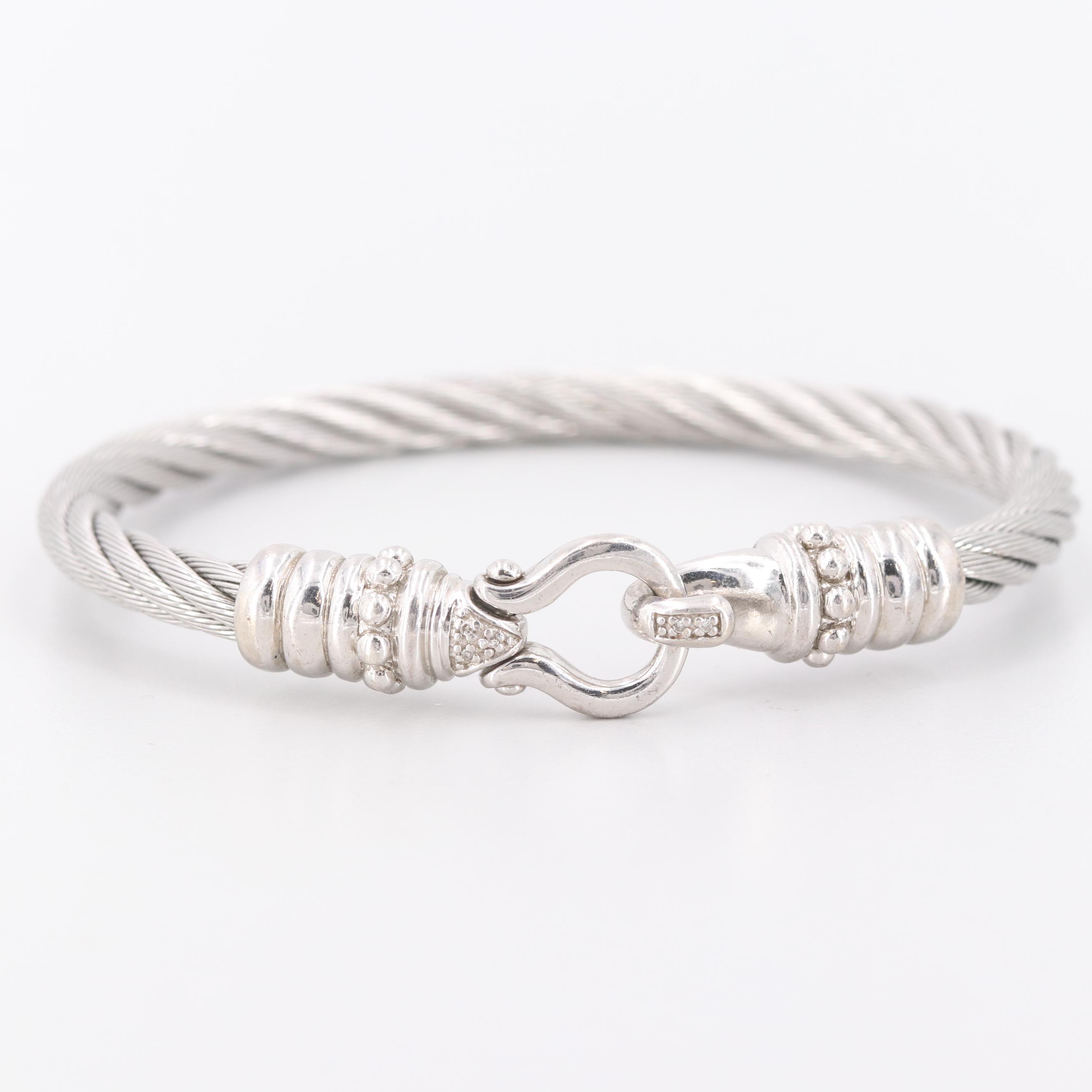 Stainless Steel and Sterling Silver Diamond Bracelet