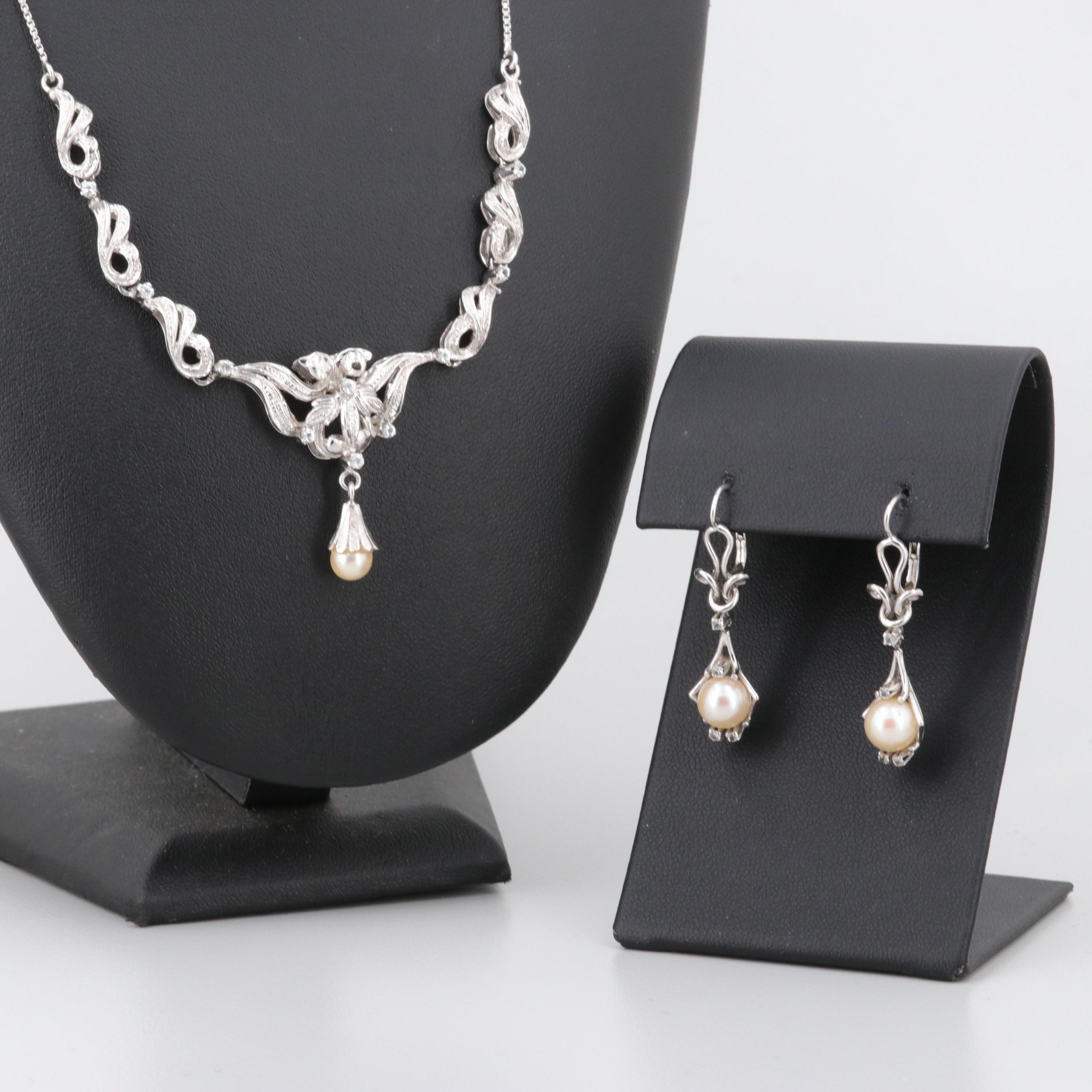 Vintage 18K White Gold Cultured Pearl and White Topaz Necklace and Earrings