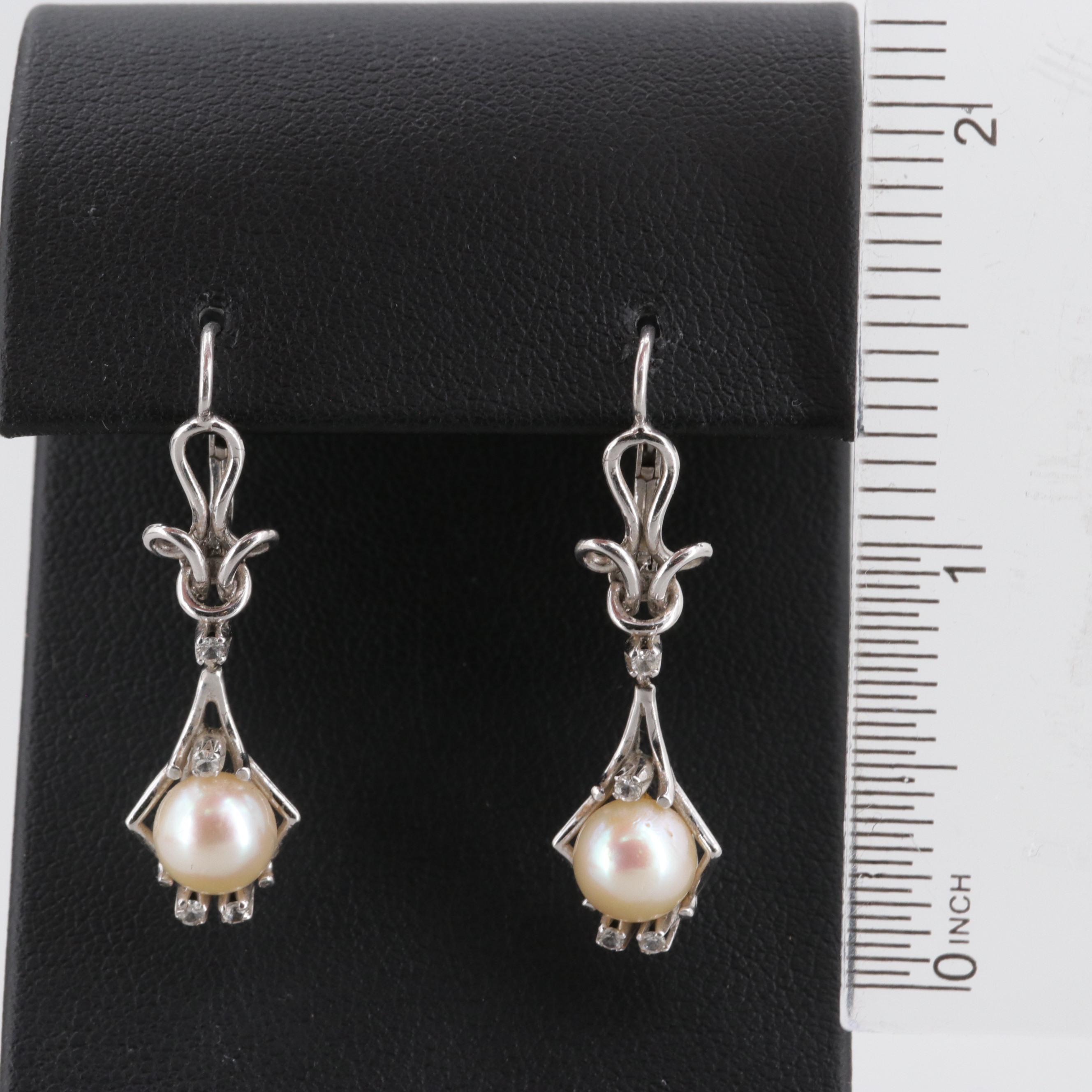 Vintage 18K White Gold Cultured Pearl and White Topaz Necklace and Earrings