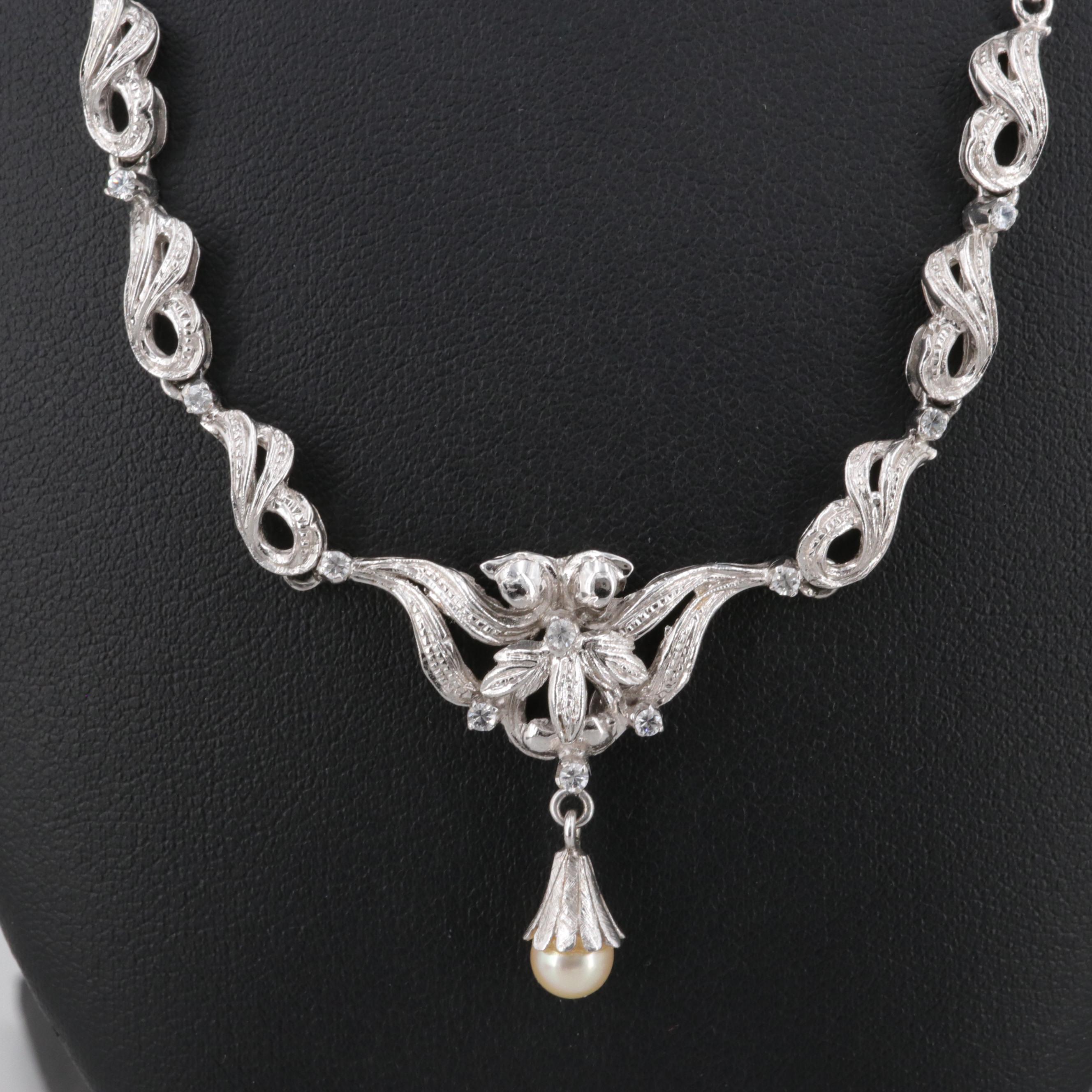 Vintage 18K White Gold Cultured Pearl and White Topaz Necklace and Earrings