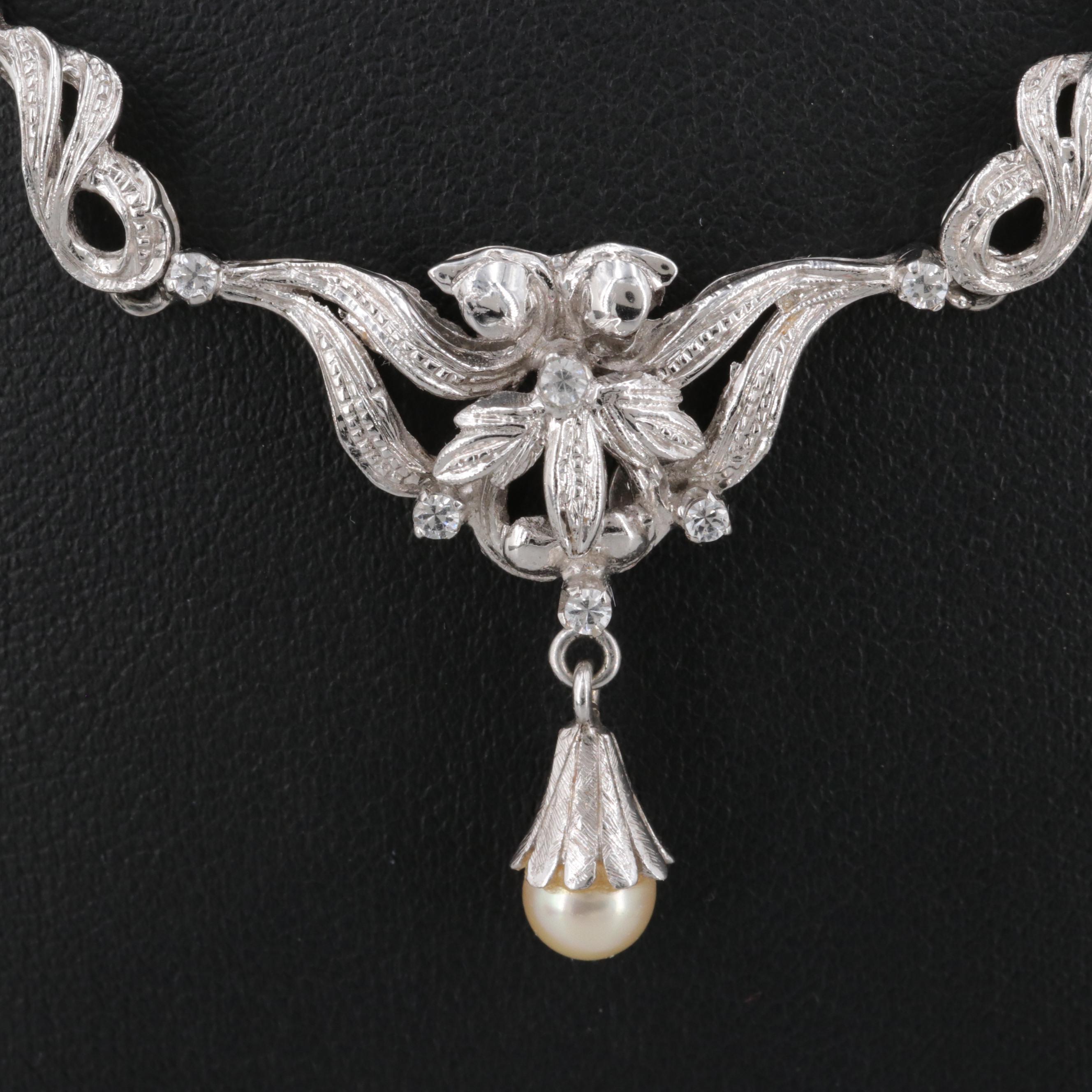 Vintage 18K White Gold Cultured Pearl and White Topaz Necklace and Earrings