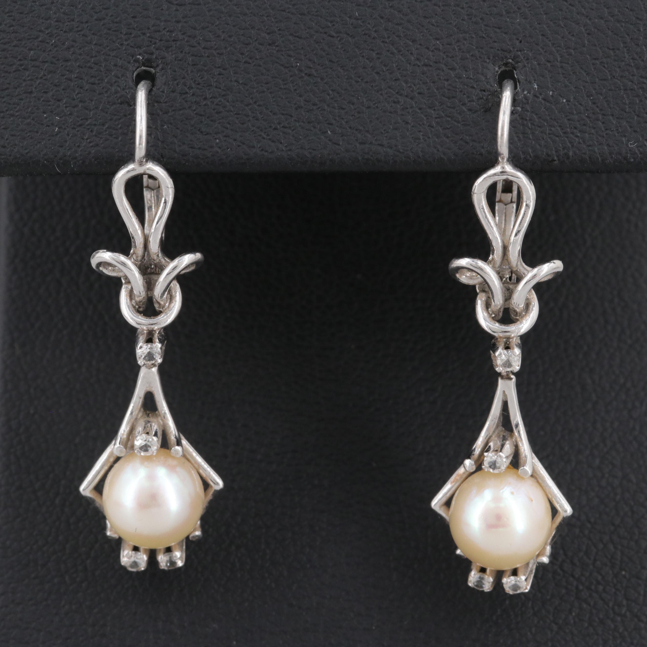 Vintage 18K White Gold Cultured Pearl and White Topaz Necklace and Earrings
