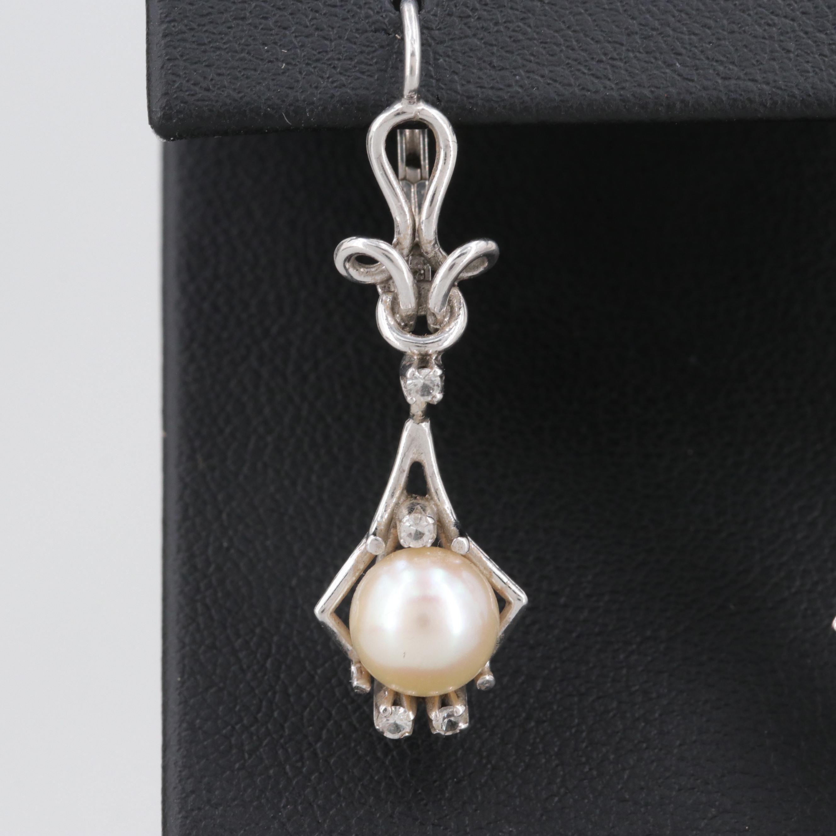 Vintage 18K White Gold Cultured Pearl and White Topaz Necklace and Earrings