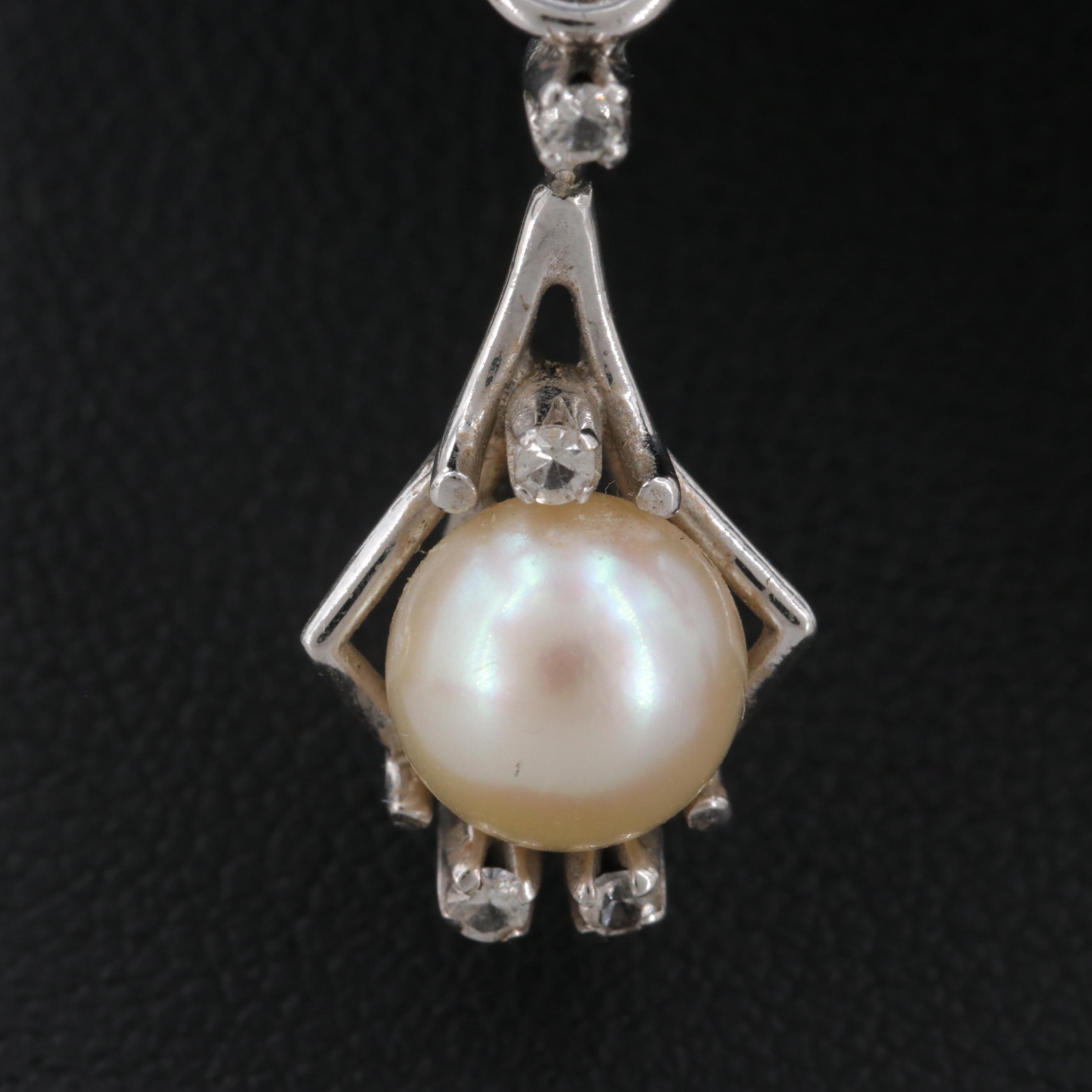 Vintage 18K White Gold Cultured Pearl and White Topaz Necklace and Earrings
