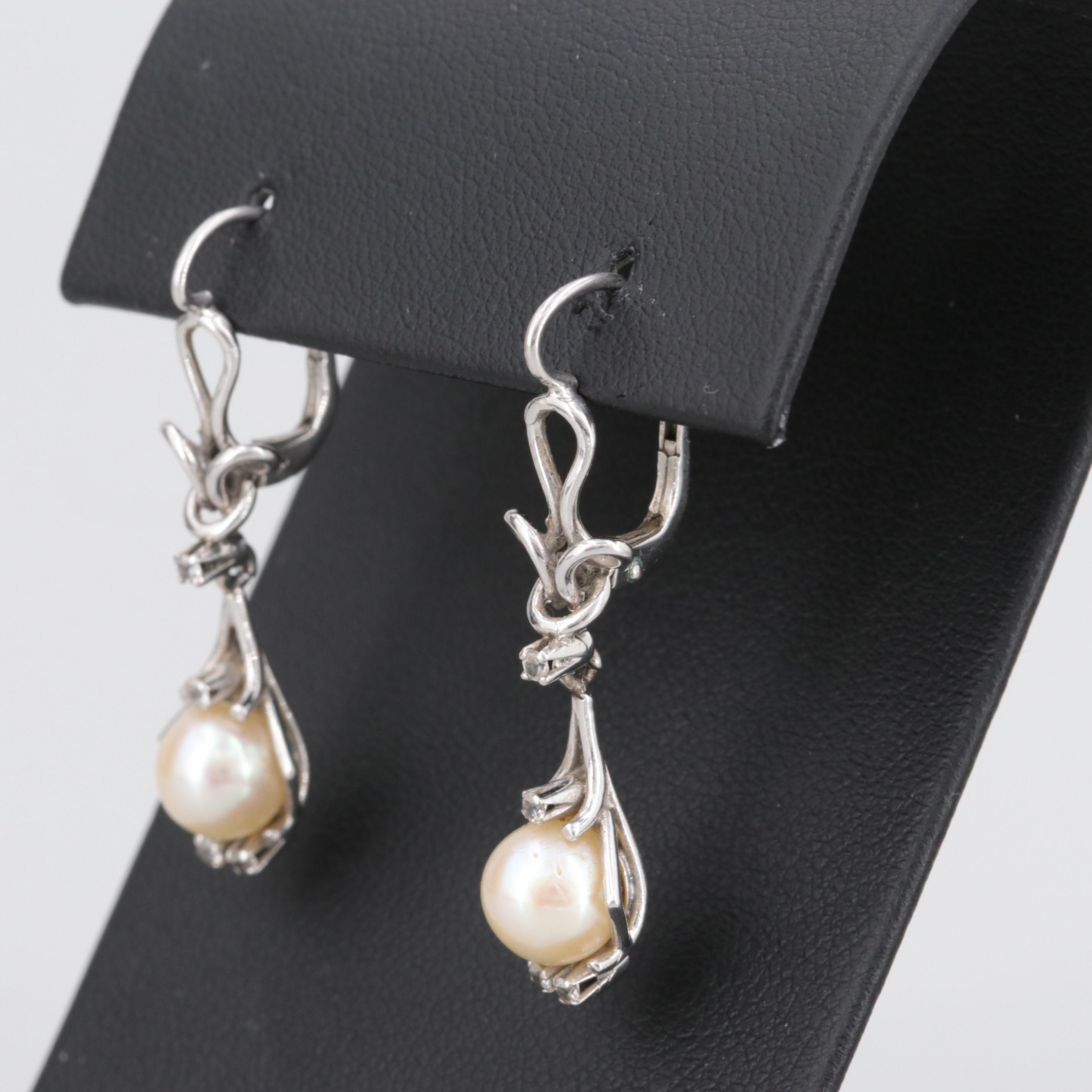 Vintage 18K White Gold Cultured Pearl and White Topaz Necklace and Earrings