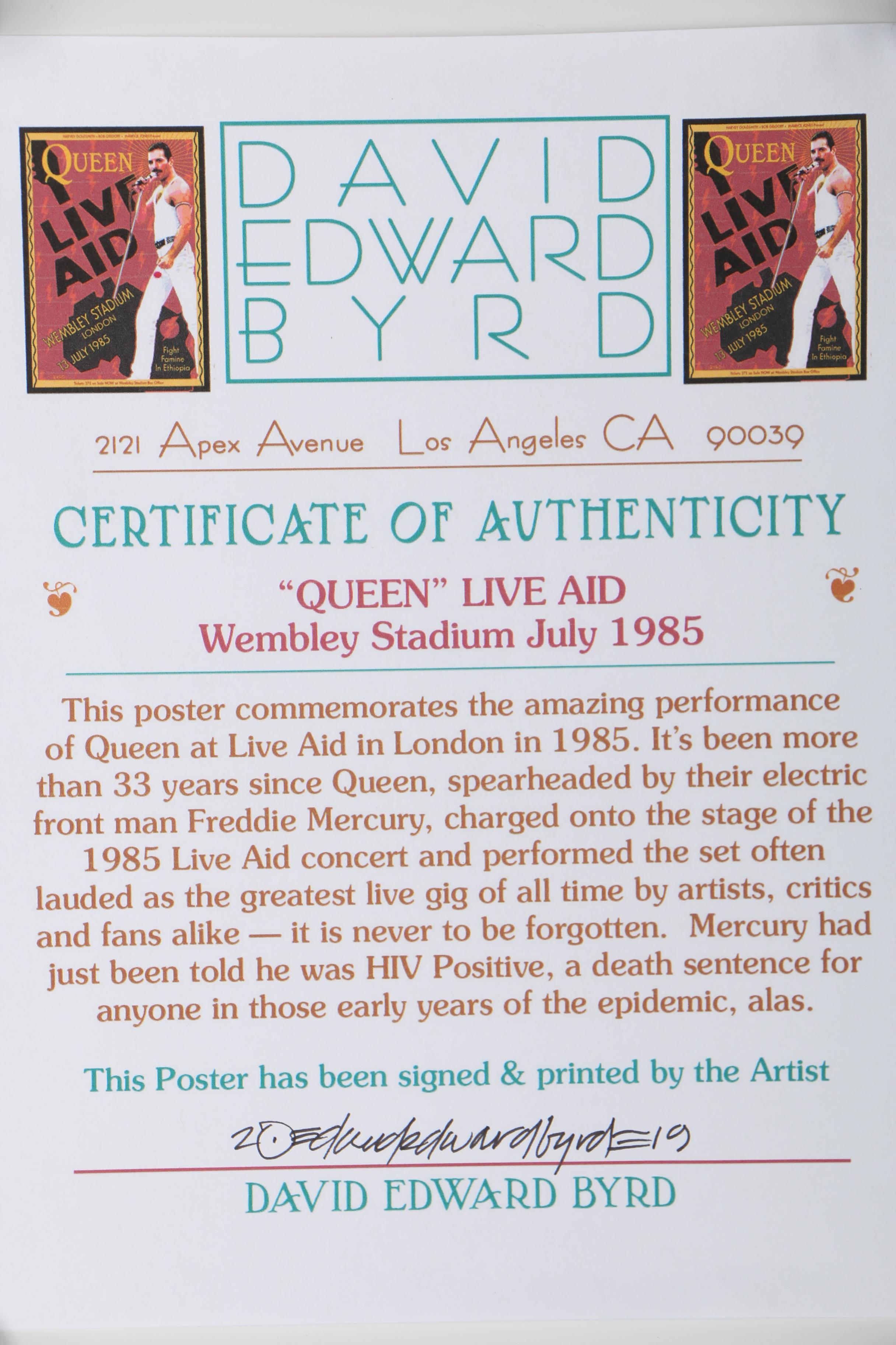 David Edward Byrd Giclée "Queen & Freddie Mercury at Live Aid London 1985"