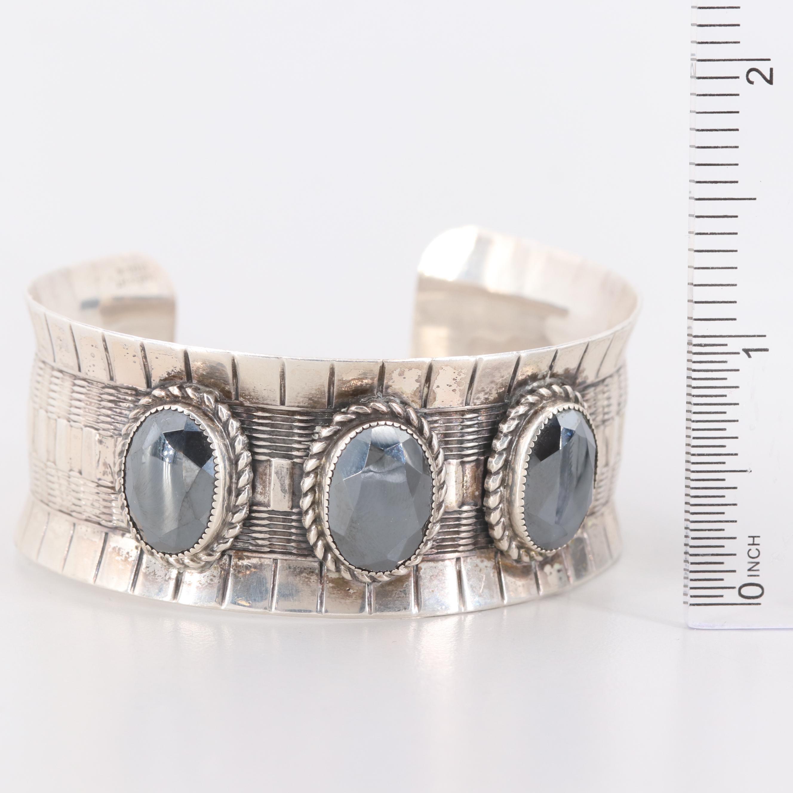 Silver Sterling Imitation Hematite Bangle Bracelet