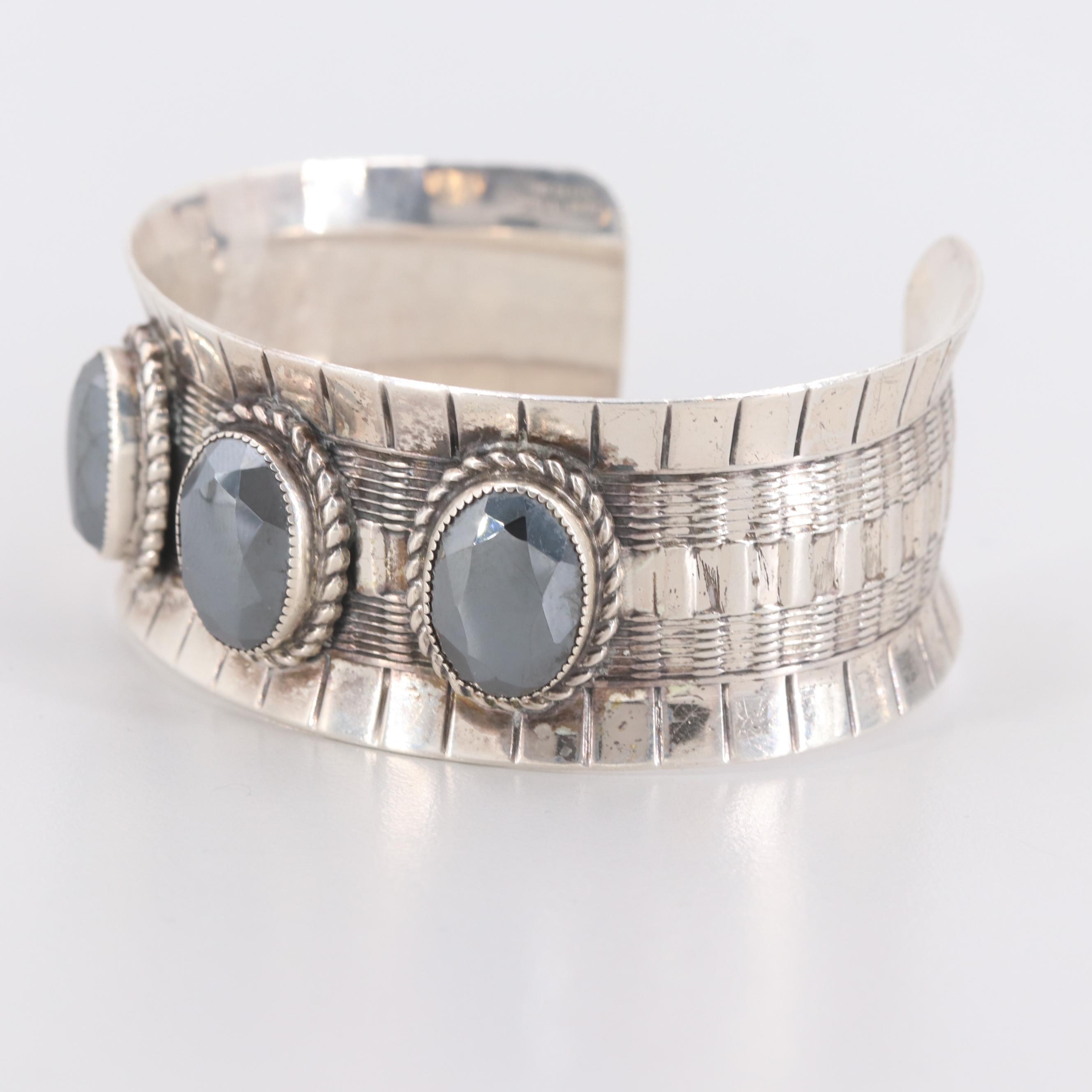 Silver Sterling Imitation Hematite Bangle Bracelet