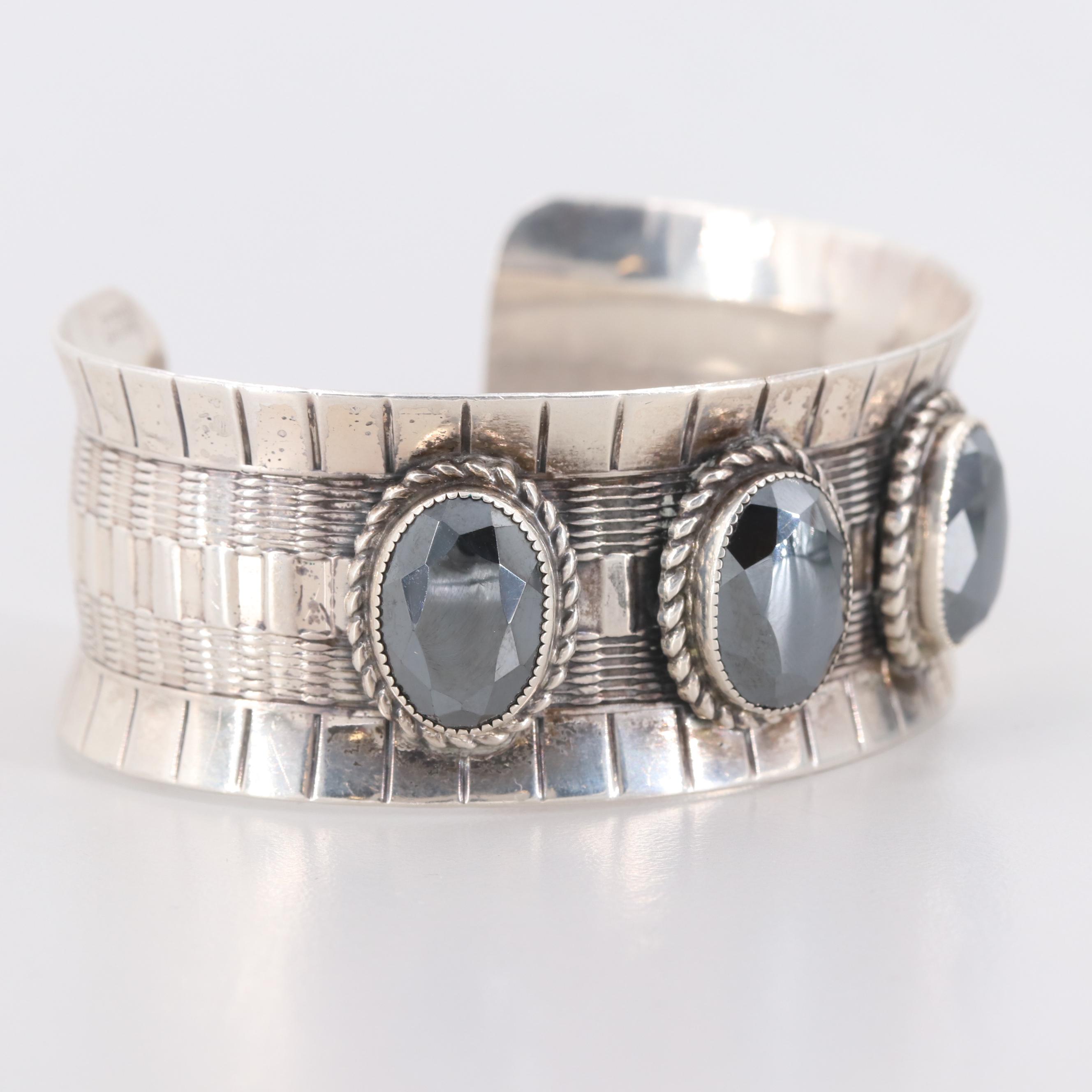 Silver Sterling Imitation Hematite Bangle Bracelet