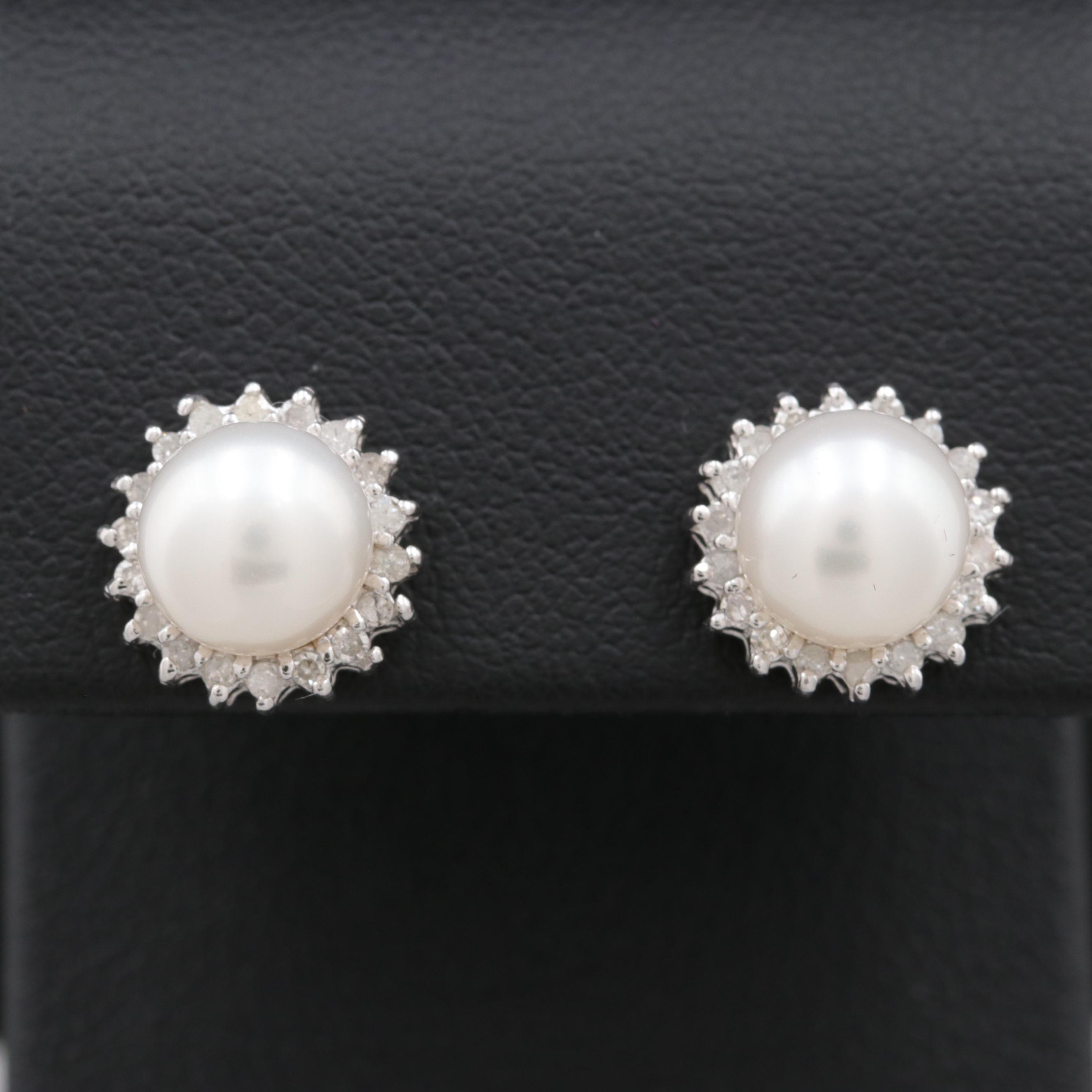 14K White Gold Cultured Pearl and Diamond Stud Earrings