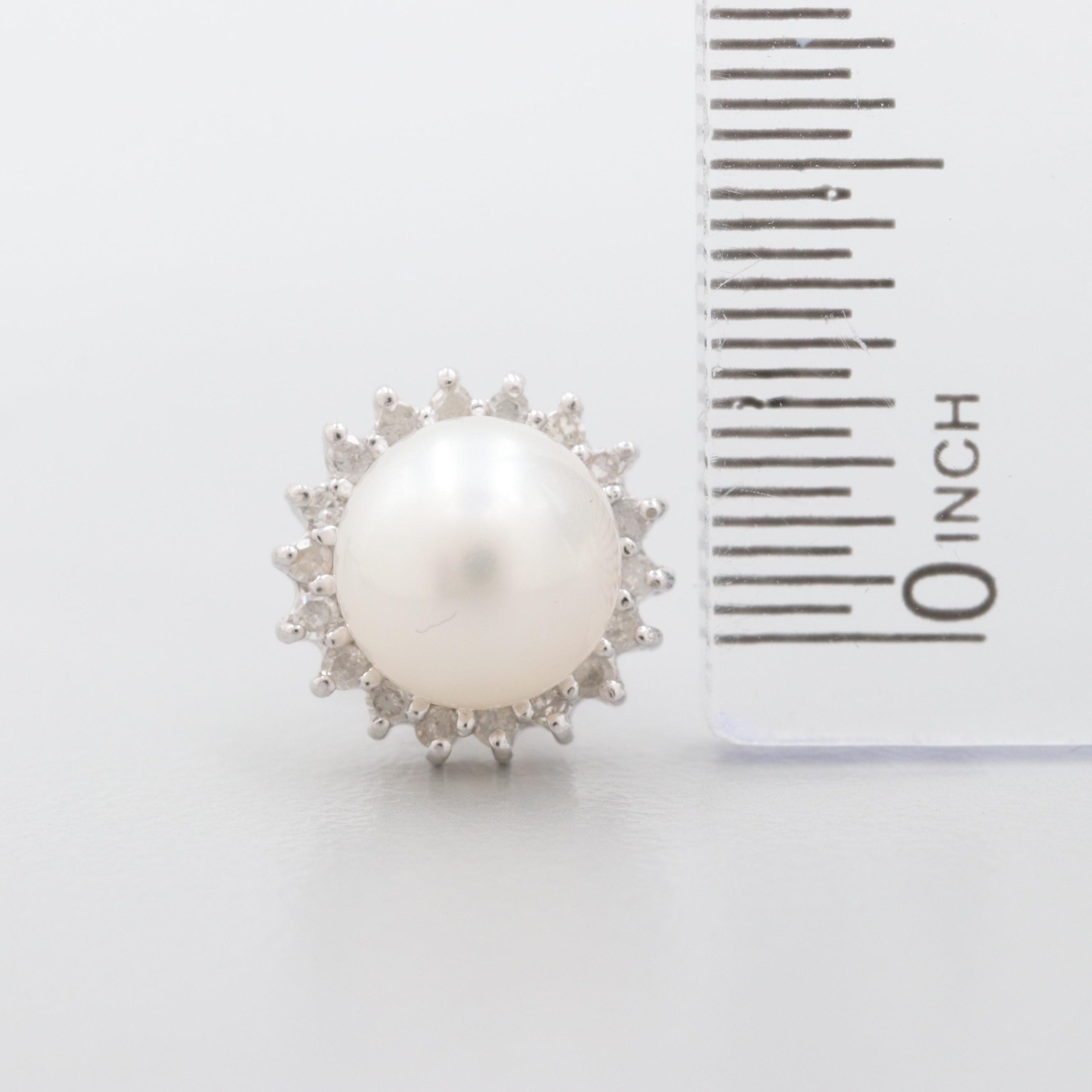 14K White Gold Cultured Pearl and Diamond Stud Earrings