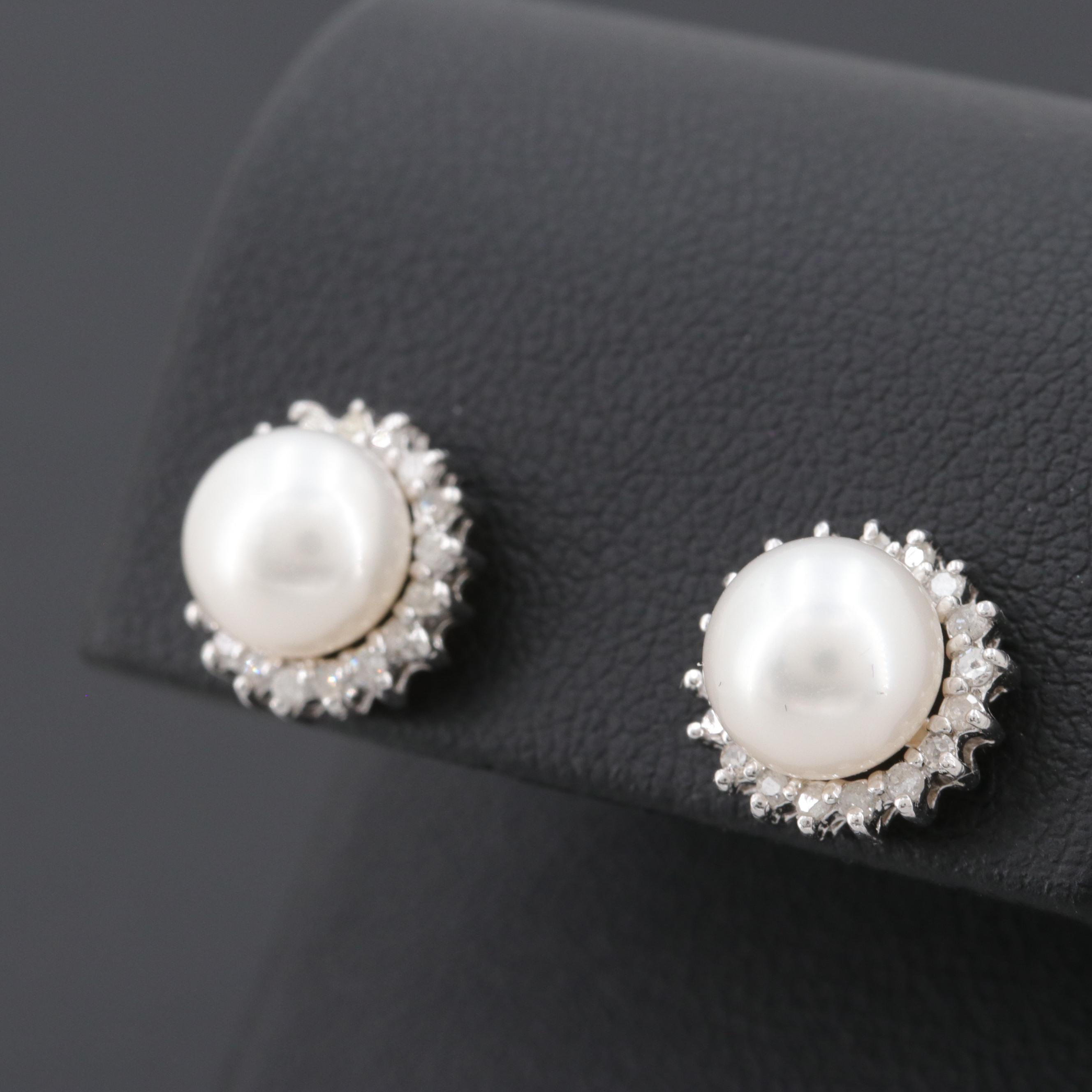 14K White Gold Cultured Pearl and Diamond Stud Earrings