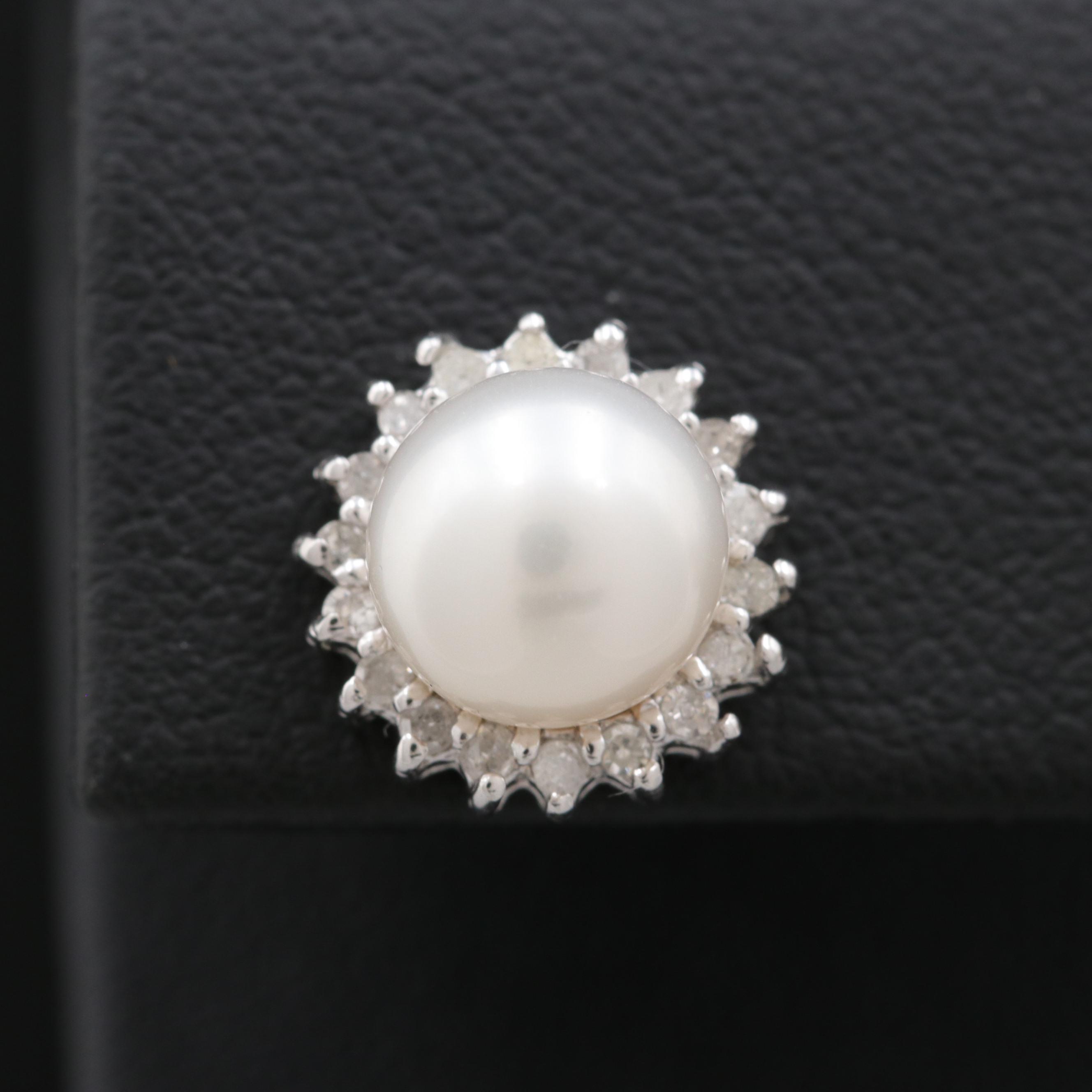 14K White Gold Cultured Pearl and Diamond Stud Earrings