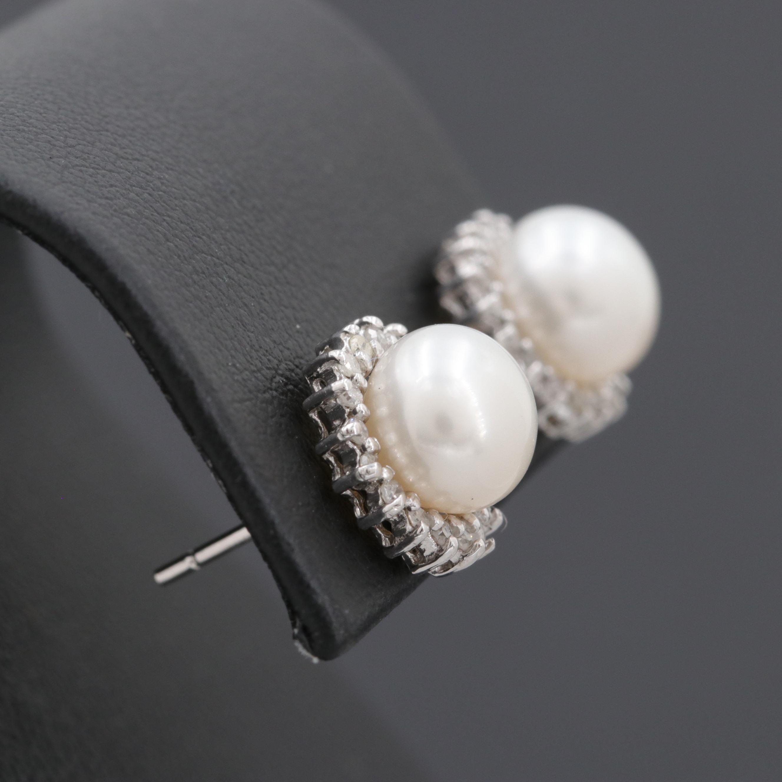 14K White Gold Cultured Pearl and Diamond Stud Earrings