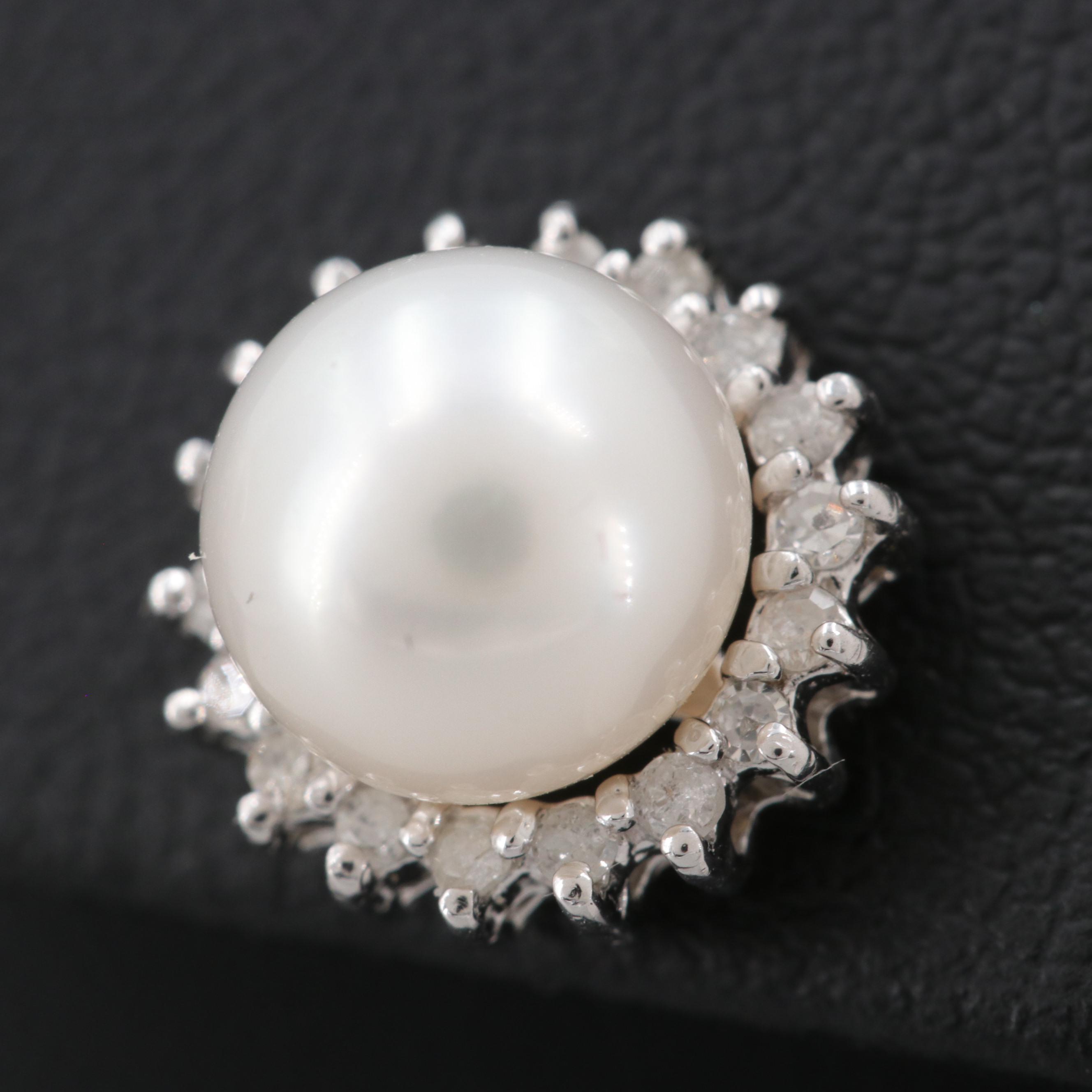 14K White Gold Cultured Pearl and Diamond Stud Earrings