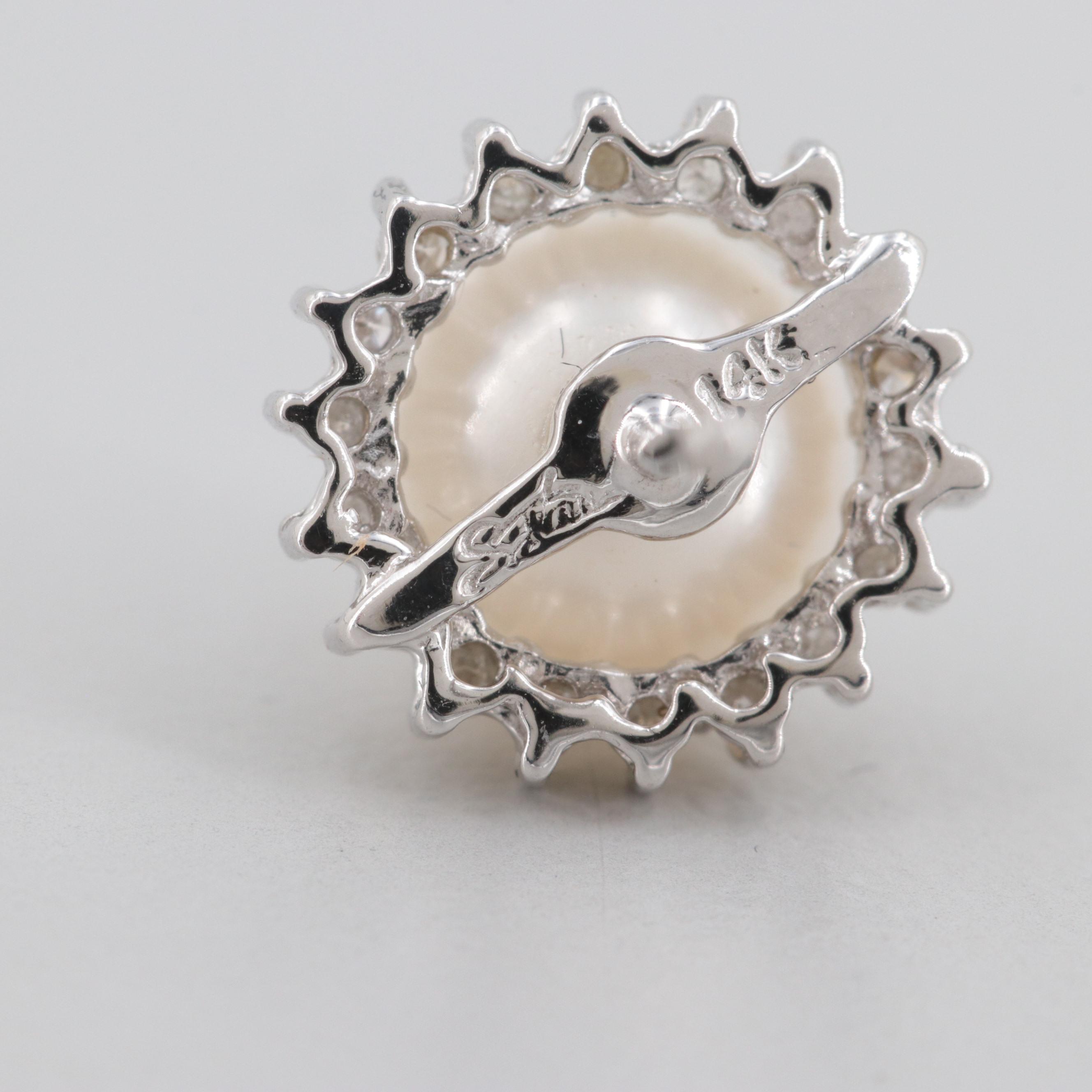 14K White Gold Cultured Pearl and Diamond Stud Earrings