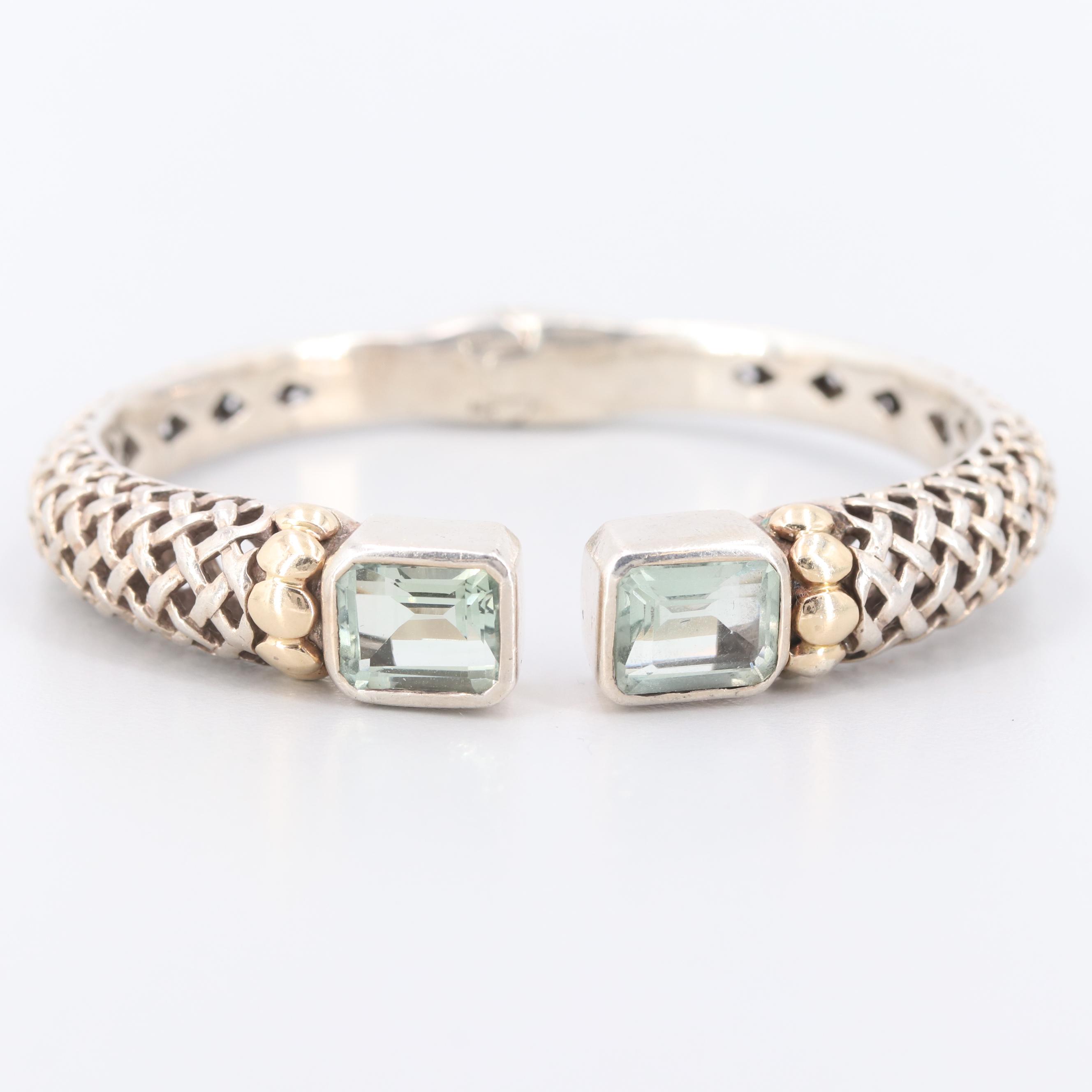 Sterling Silver Praseolite Hinged Bracelet with 14K Yellow Gold Accents