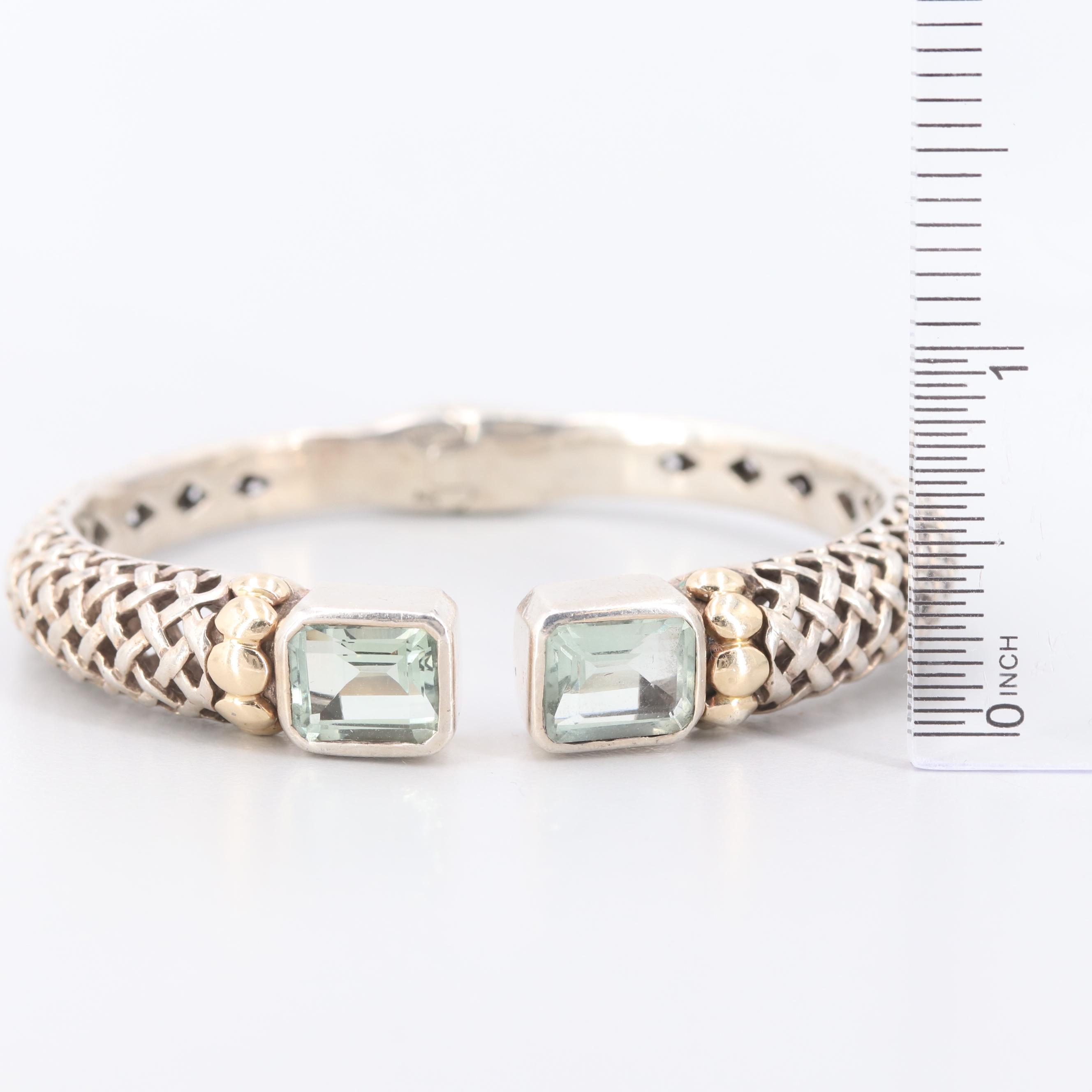 Sterling Silver Praseolite Hinged Bracelet with 14K Yellow Gold Accents