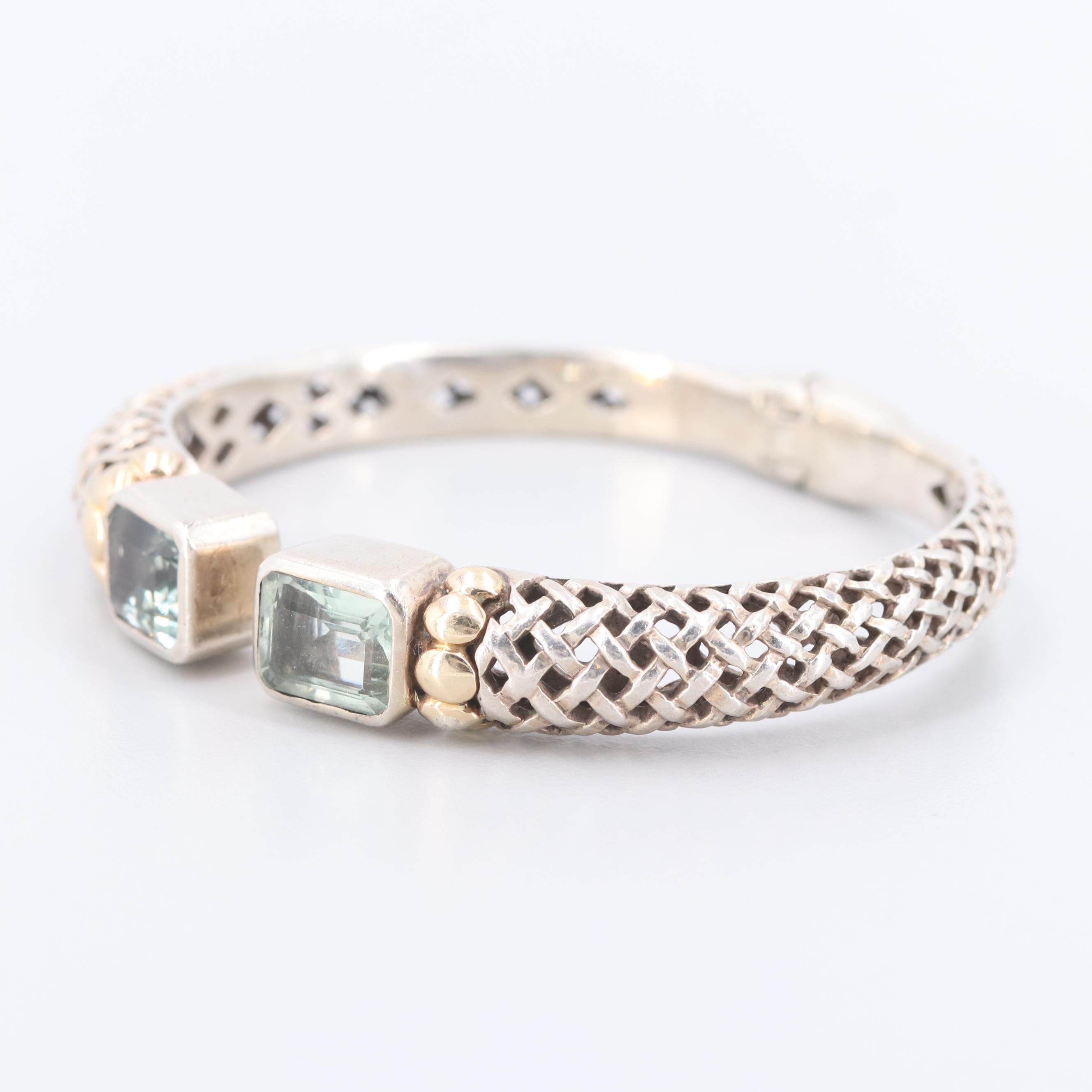 Sterling Silver Praseolite Hinged Bracelet with 14K Yellow Gold Accents