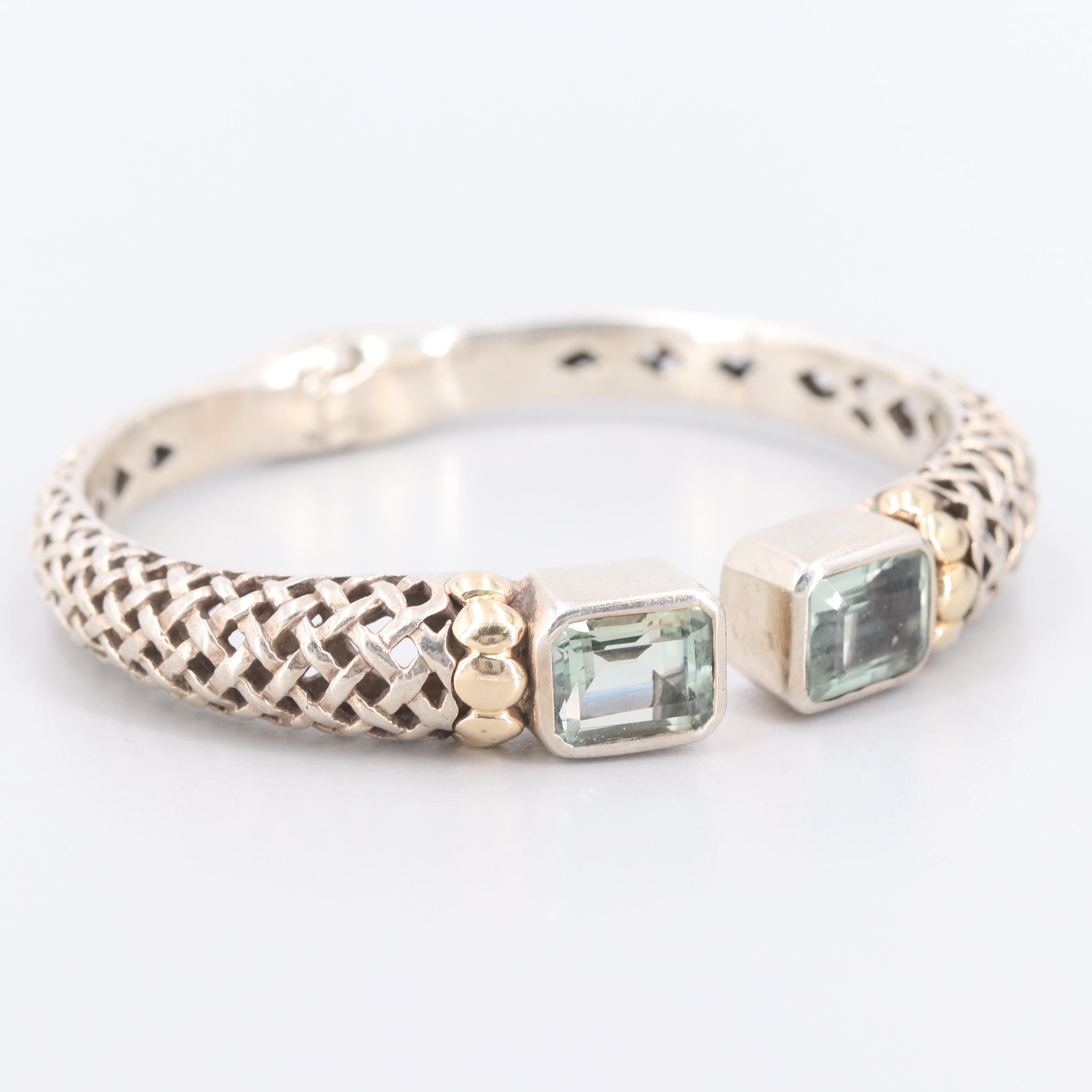 Sterling Silver Praseolite Hinged Bracelet with 14K Yellow Gold Accents