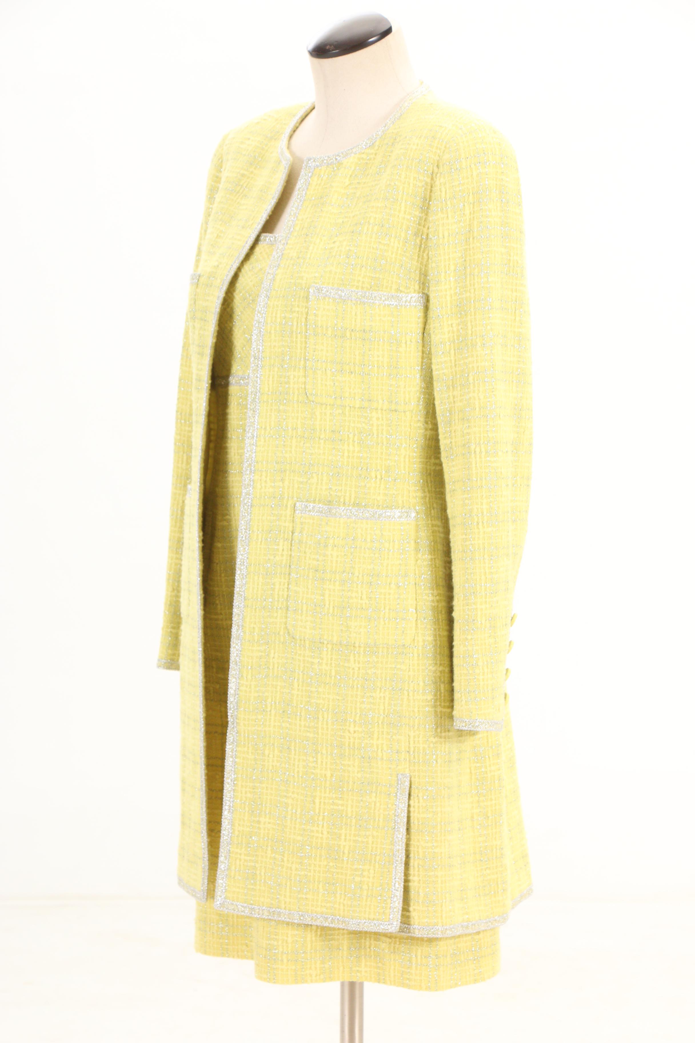 Chanel Spring/Summer 1997 Chartreuse and Metallic Silver Tweed Dress Suit