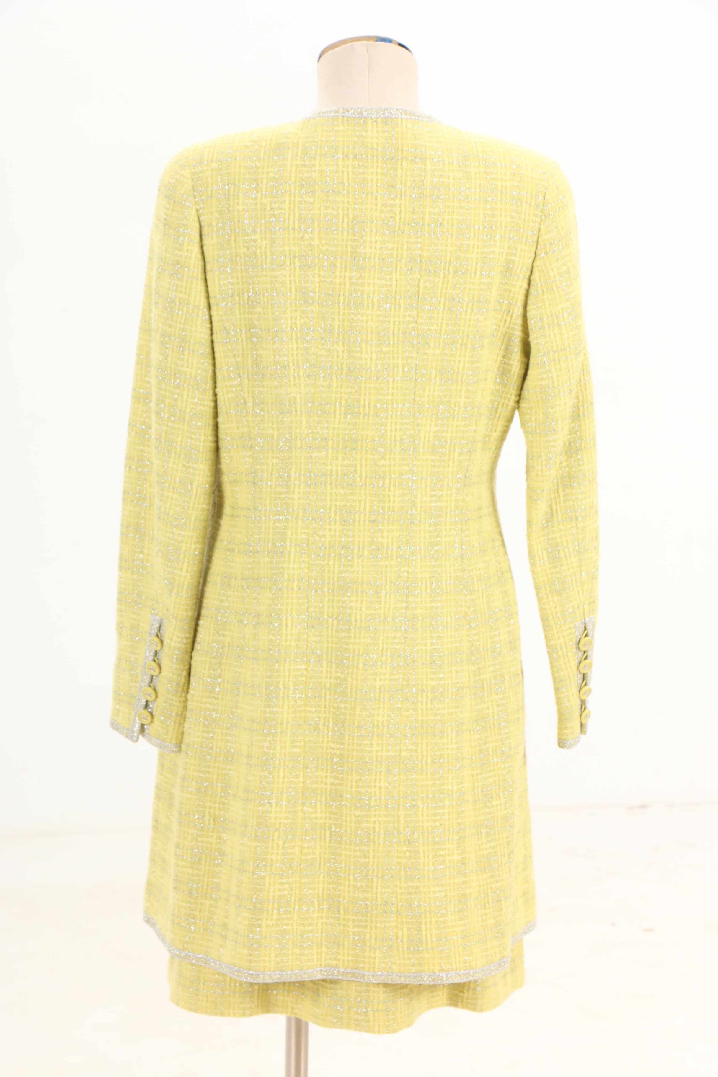 Chanel Spring/Summer 1997 Chartreuse and Metallic Silver Tweed Dress Suit