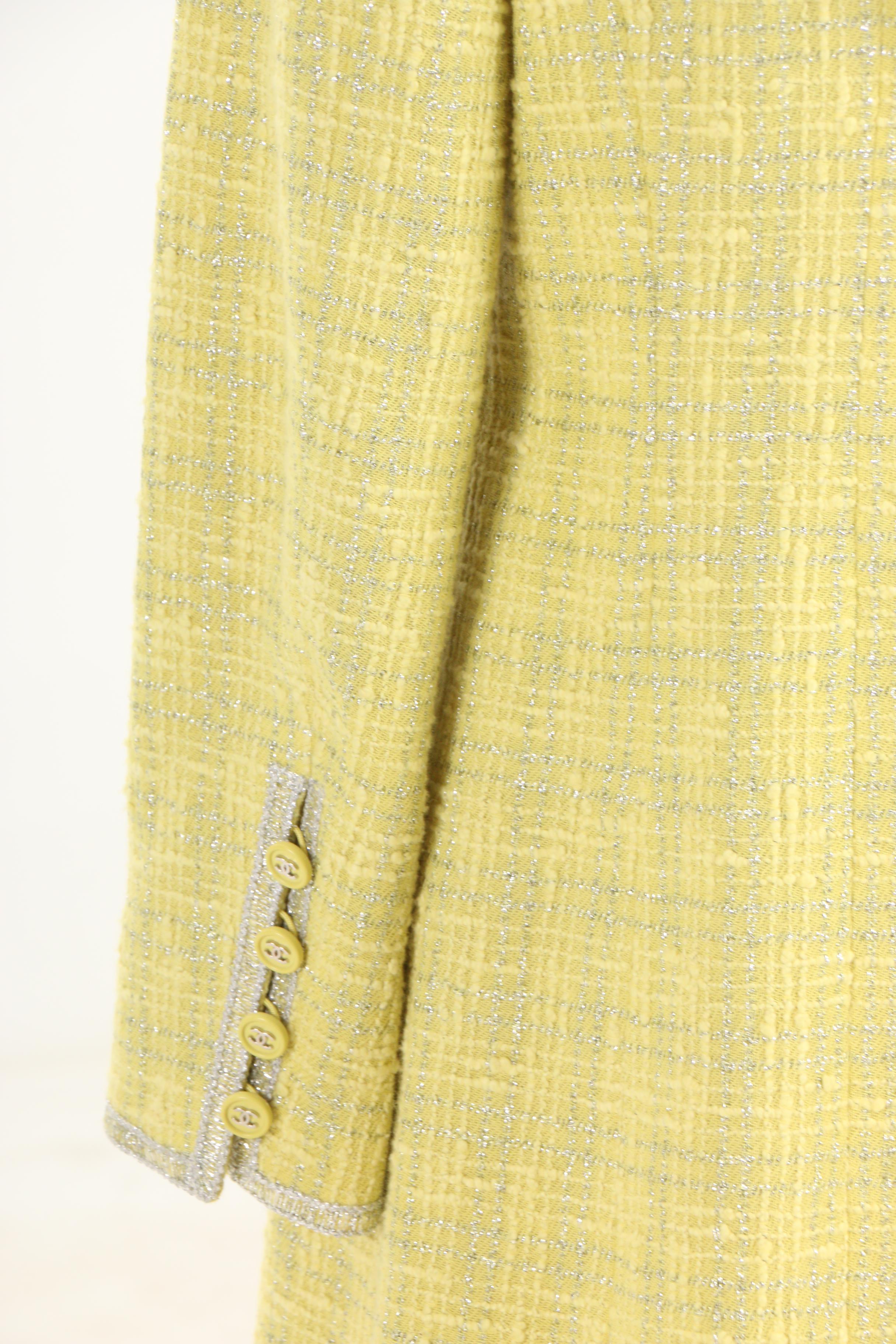 Chanel Spring/Summer 1997 Chartreuse and Metallic Silver Tweed Dress Suit