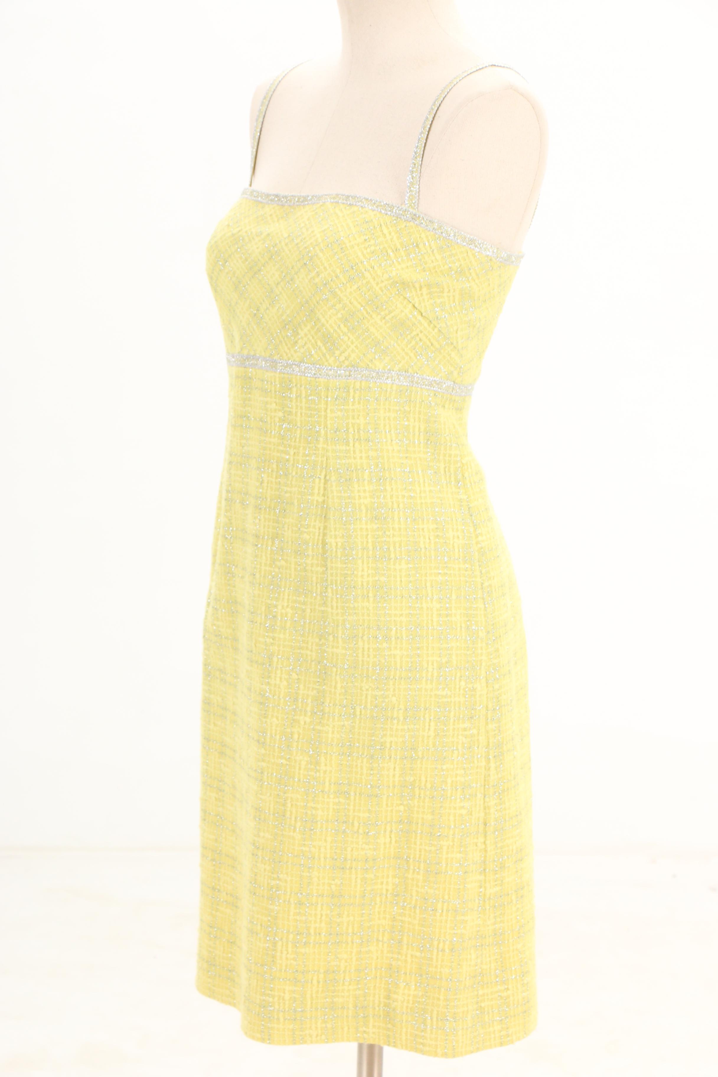 Chanel Spring/Summer 1997 Chartreuse and Metallic Silver Tweed Dress Suit