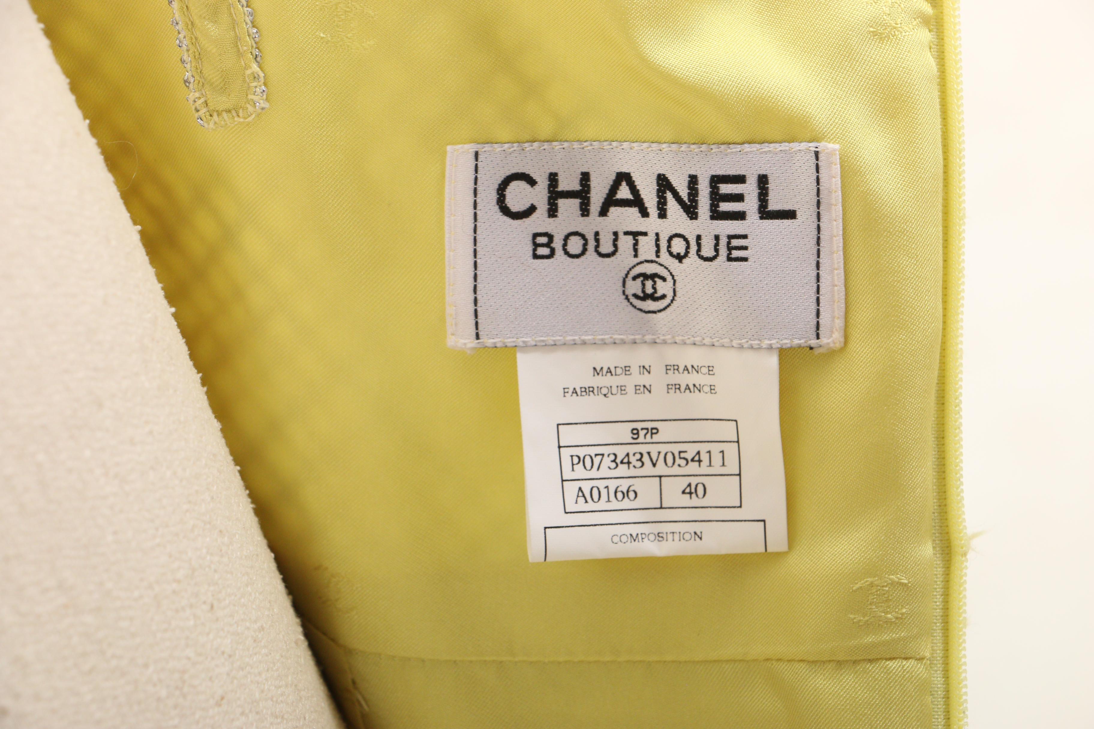 Chanel Spring/Summer 1997 Chartreuse and Metallic Silver Tweed Dress Suit