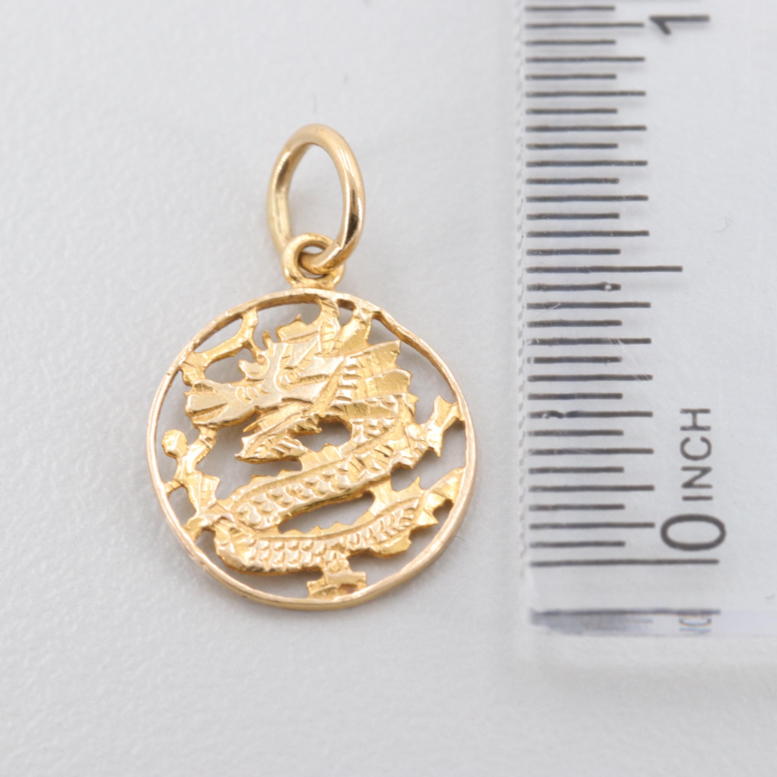 18K Yellow Gold Asian Style Dragon Disc Pendant
