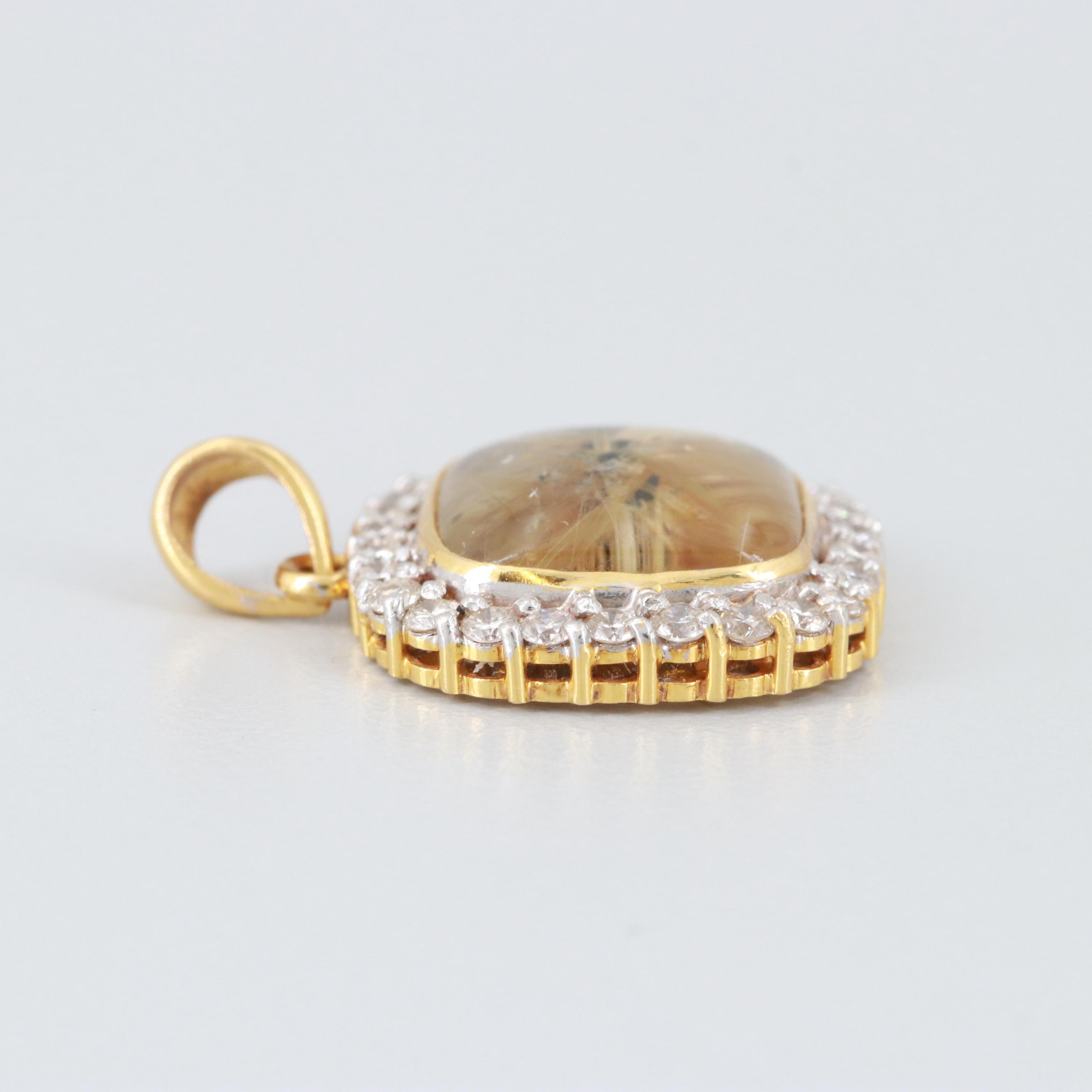22K Yellow Gold Rutilated Quartz and Diamond Pendant