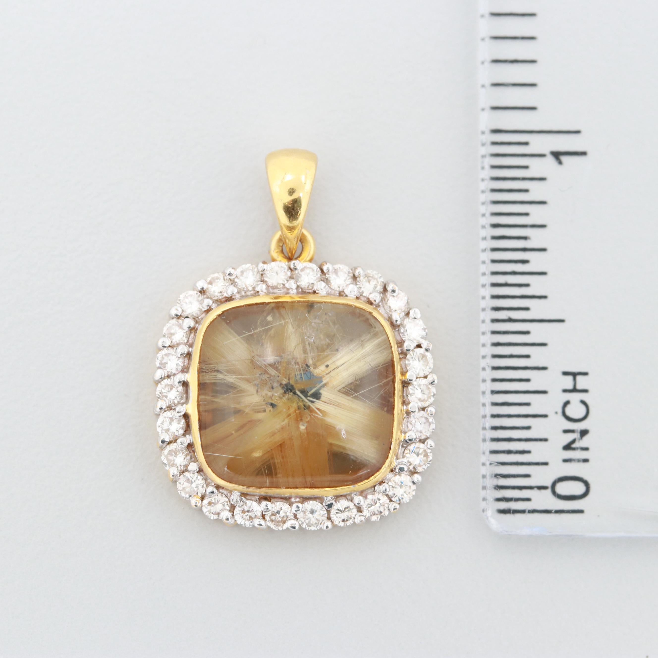 22K Yellow Gold Rutilated Quartz and Diamond Pendant