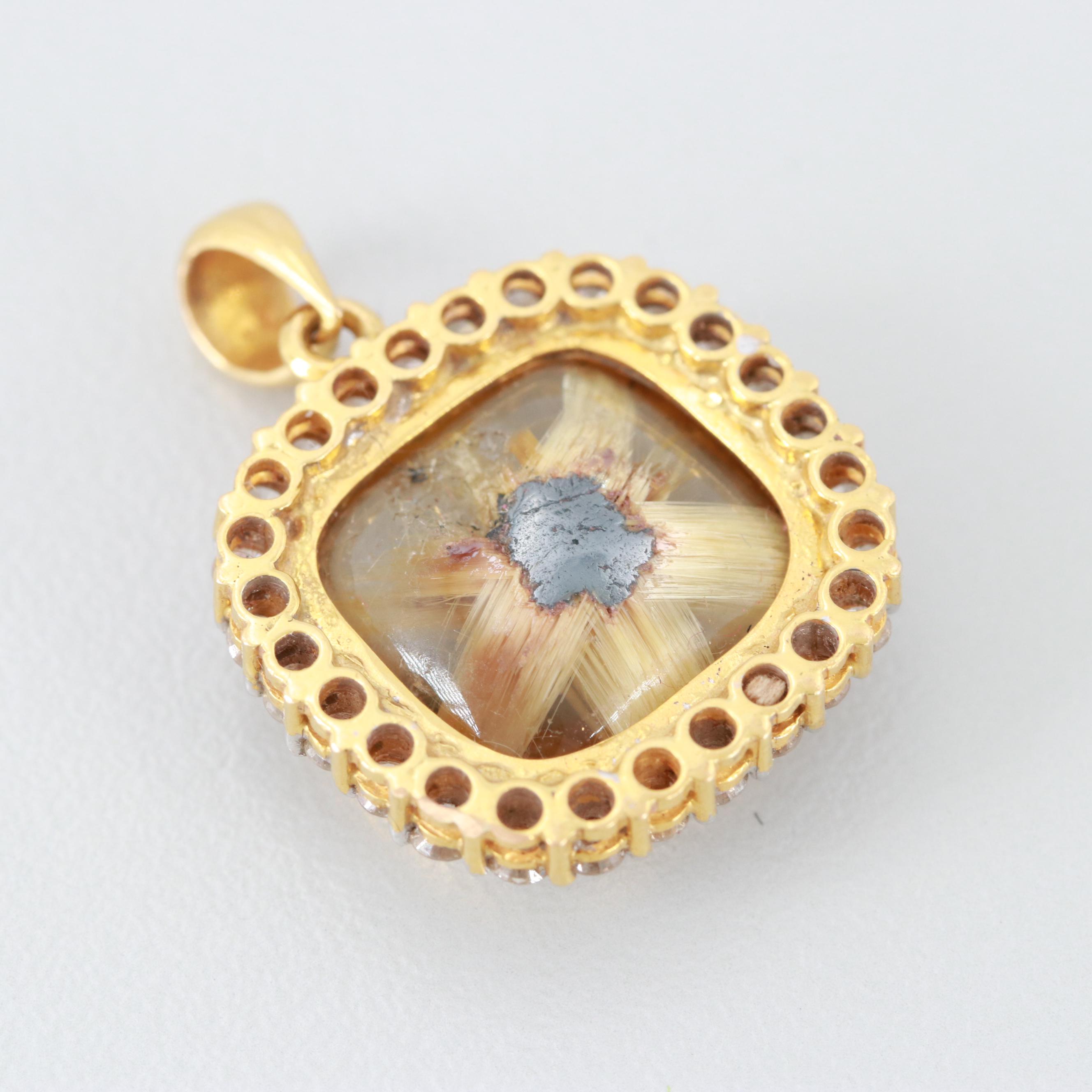 22K Yellow Gold Rutilated Quartz and Diamond Pendant