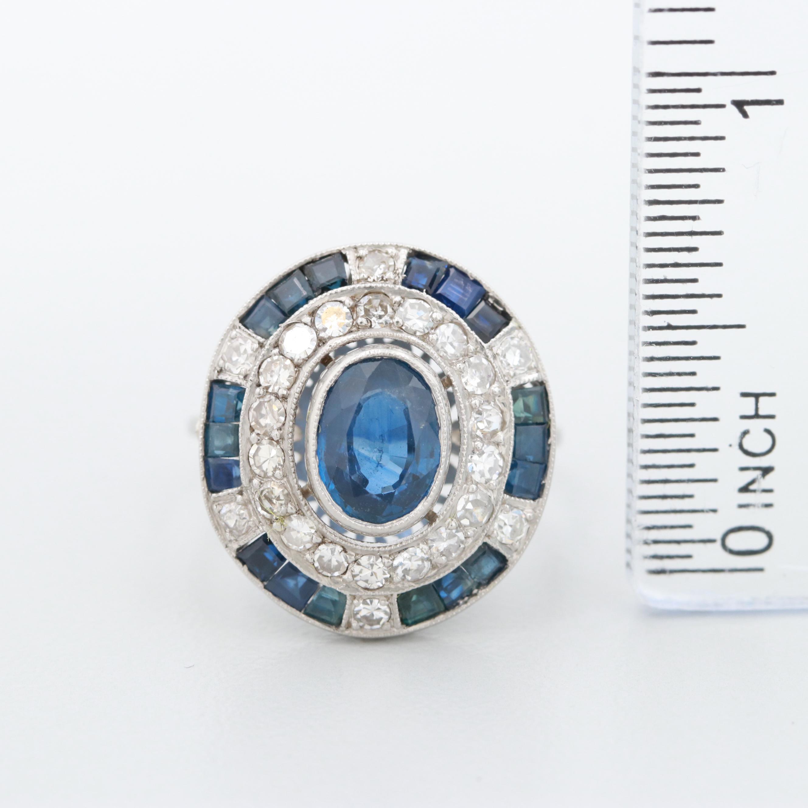 Art Deco Platinum Blue Sapphire and Diamond Ring