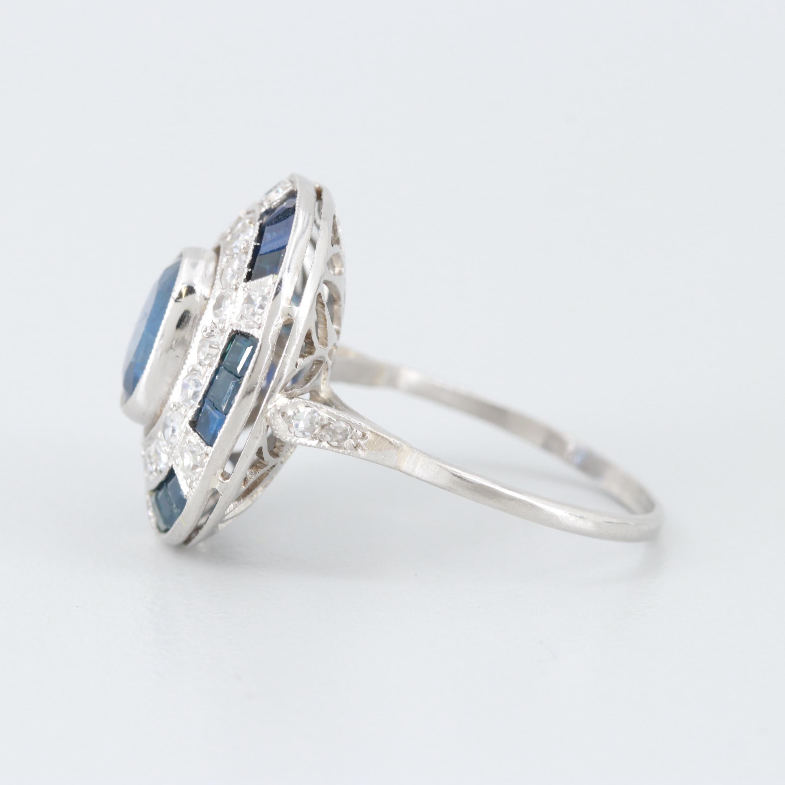 Art Deco Platinum Blue Sapphire and Diamond Ring