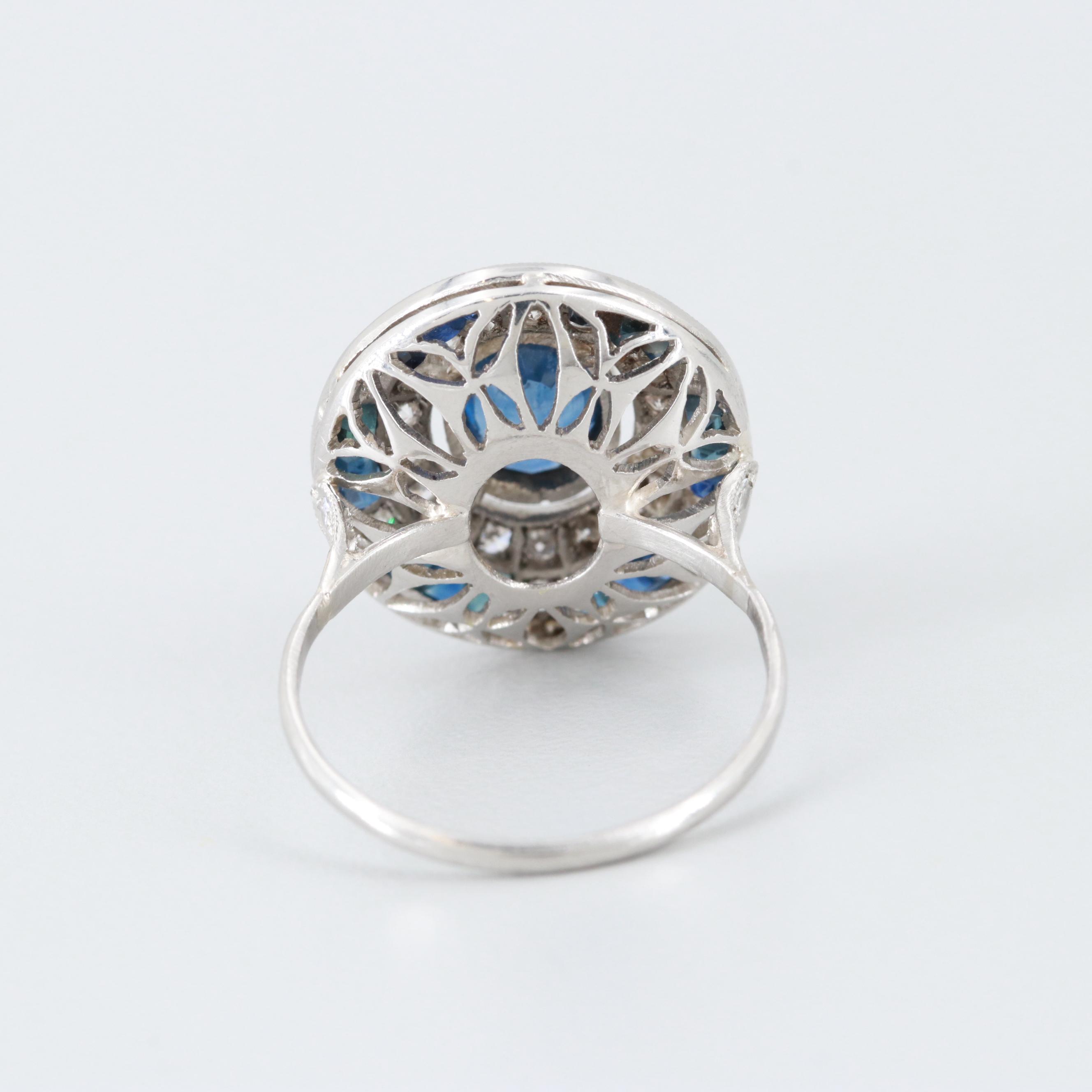 Art Deco Platinum Blue Sapphire and Diamond Ring