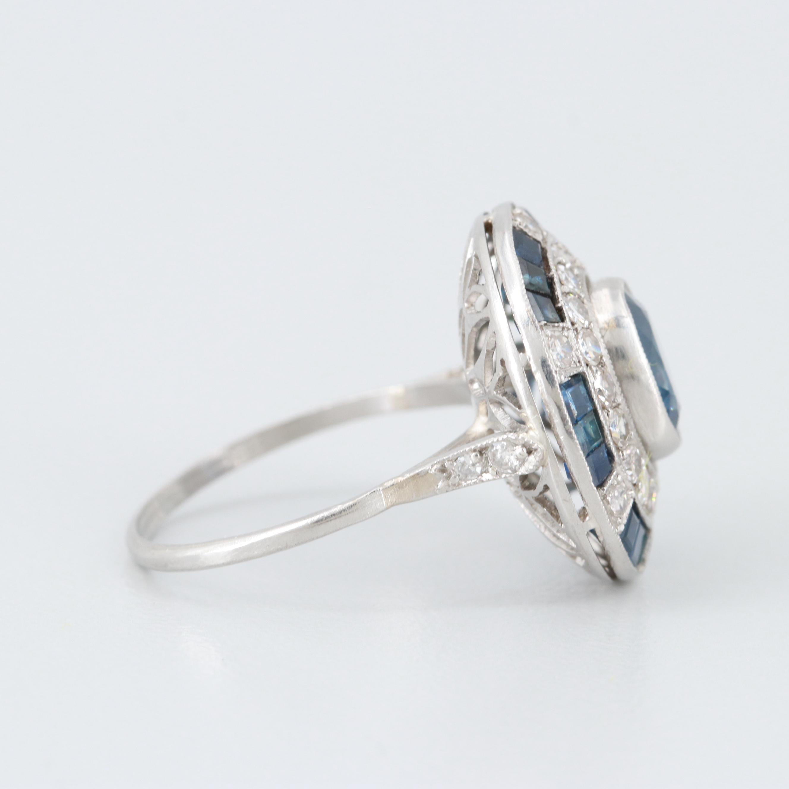Art Deco Platinum Blue Sapphire and Diamond Ring